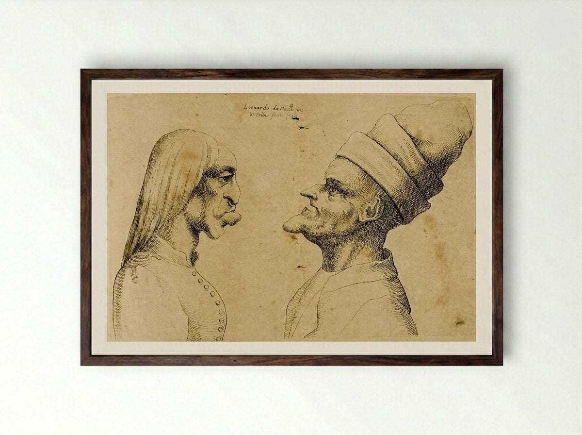 Two Deformed Heads Facing Each Other - Wenceslaus Hollar - Framed Print Dark Wood