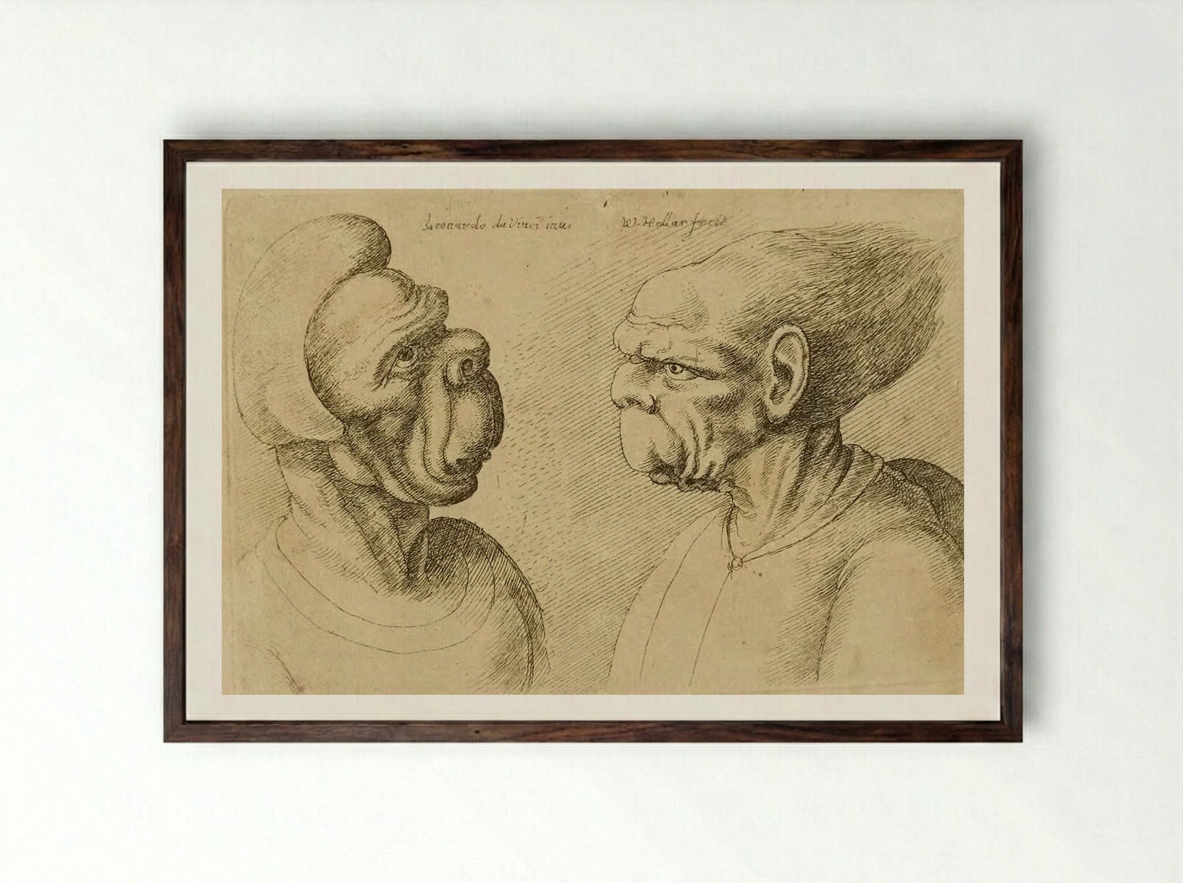 Two Deformed Heads Facing Inward - Wenceslaus Hollar - Framed Print Dark Wood
