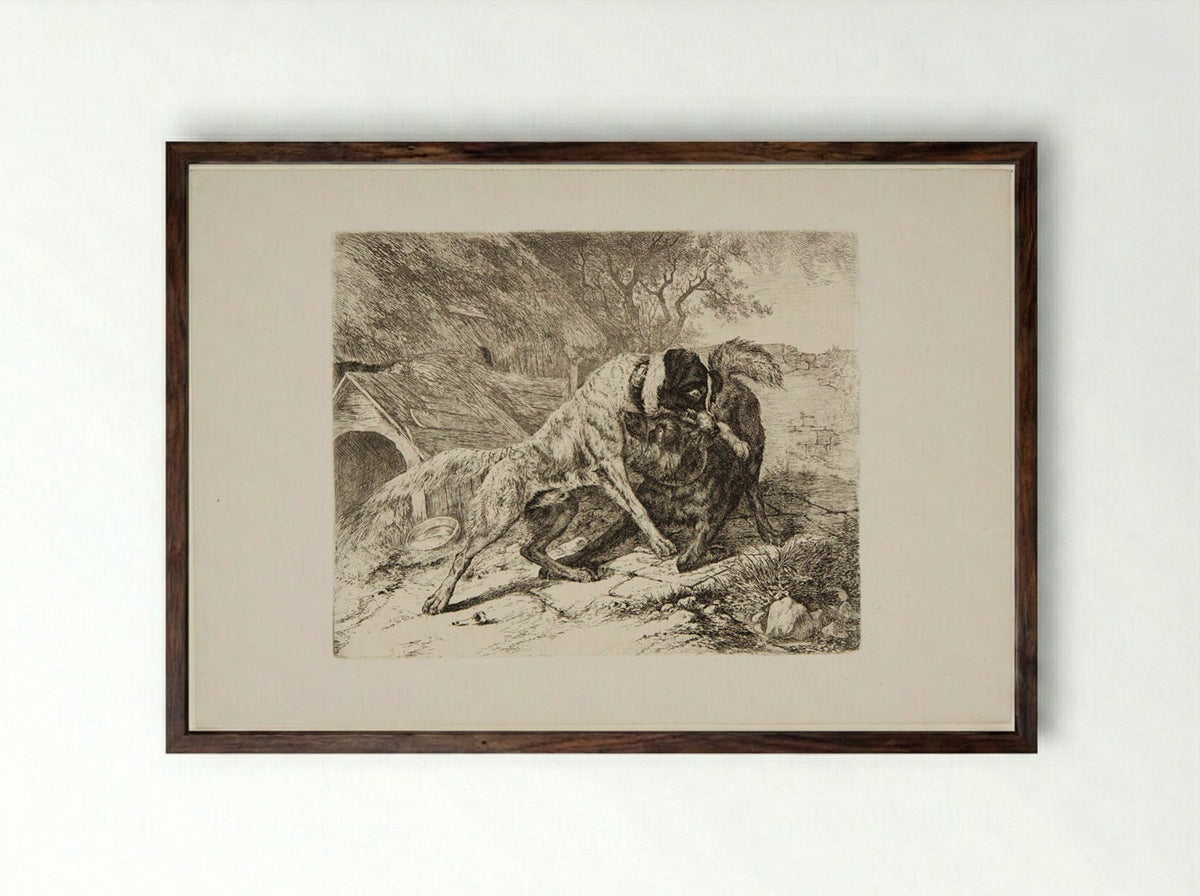 Two Dogs Fighting - Friedrich Anton Wolff - Framed Print Dark Wood
