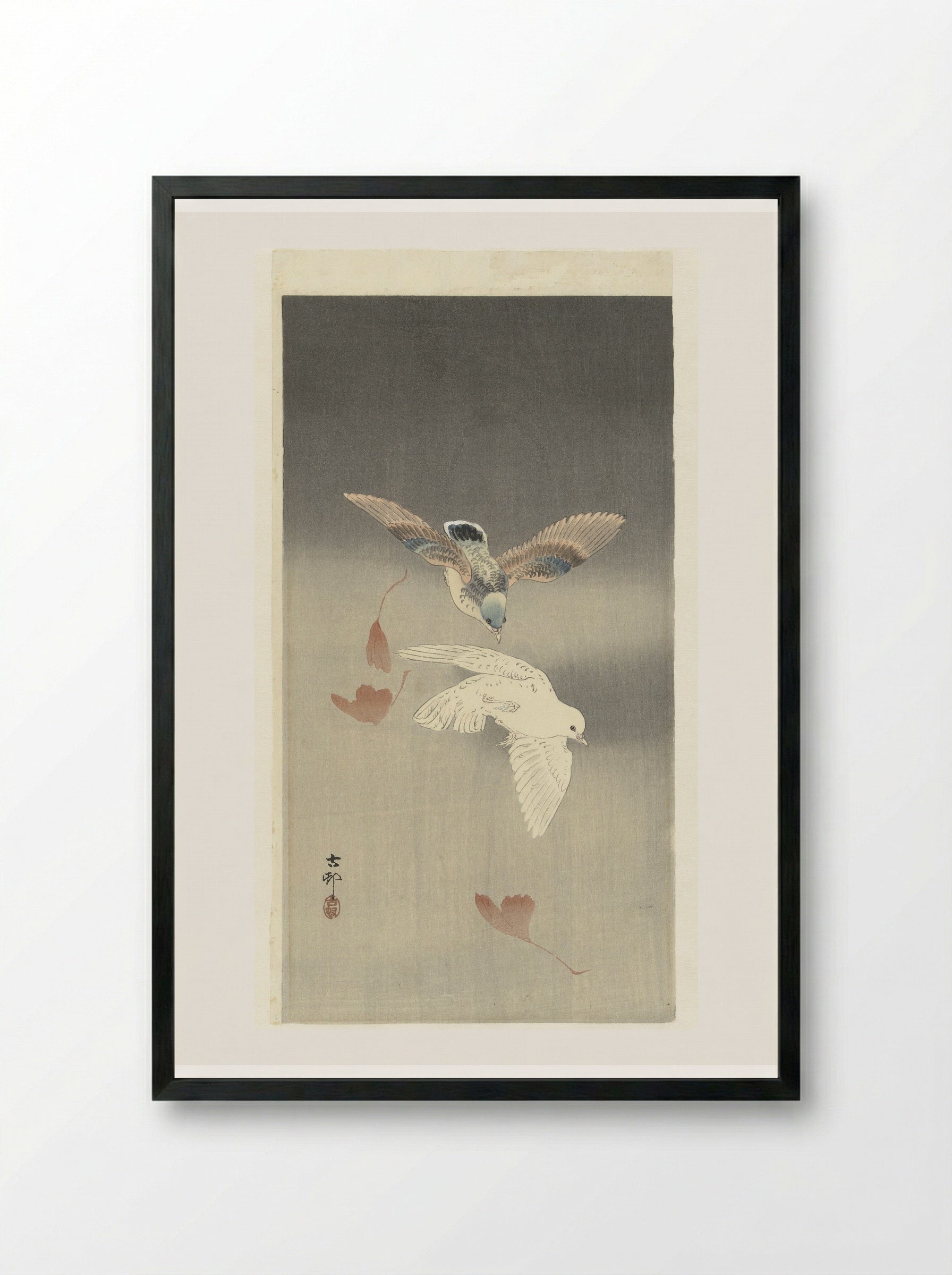 Two Doves with Falling Ginkgo Leaves - Matsuki Heikichi - Framed Print Black