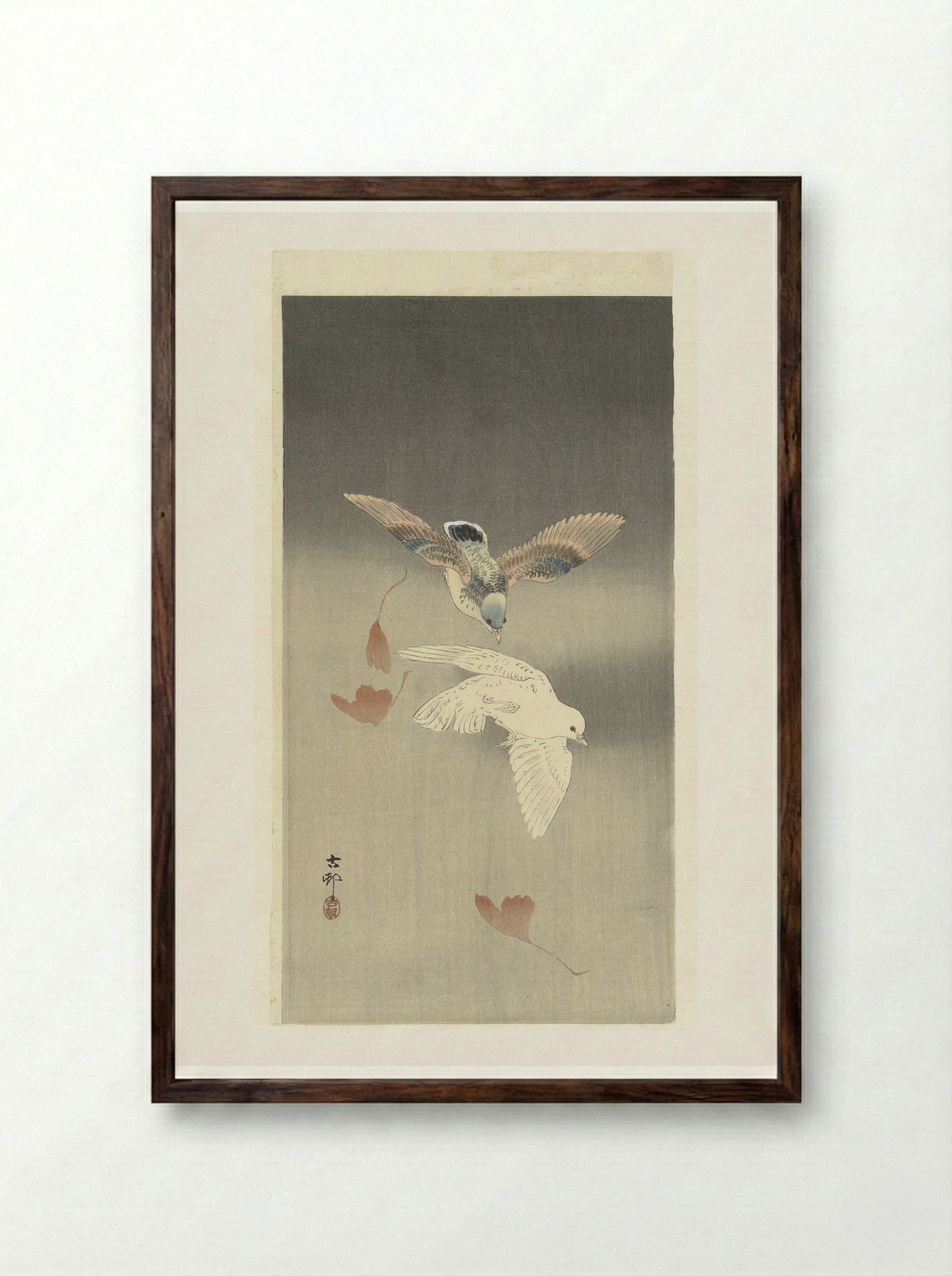 Two Doves with Falling Ginkgo Leaves - Matsuki Heikichi - Framed Print Dark Wood