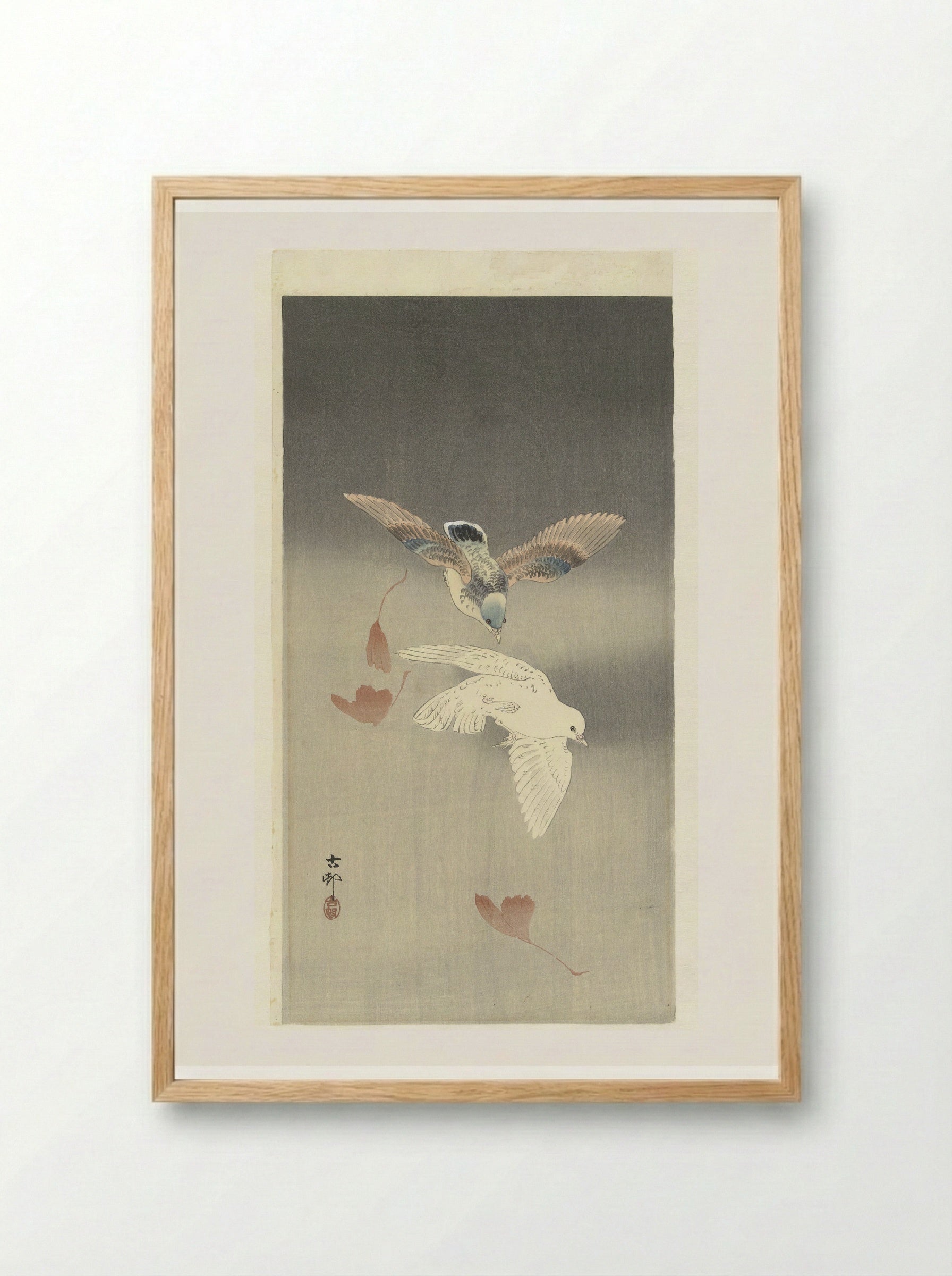 Two Doves with Falling Ginkgo Leaves - Matsuki Heikichi - Framed Print Wood