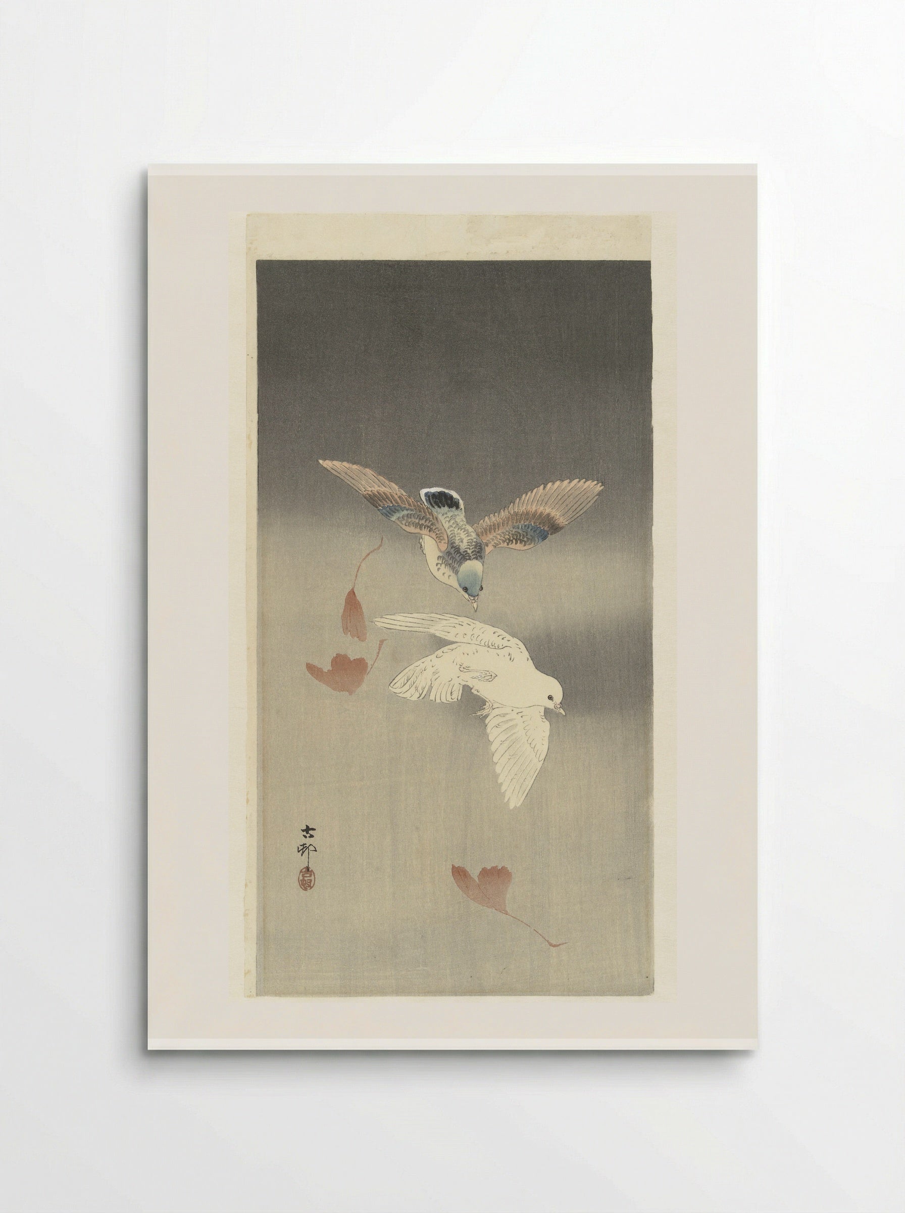 Two Doves with Falling Ginkgo Leaves - Matsuki Heikichi - Poster