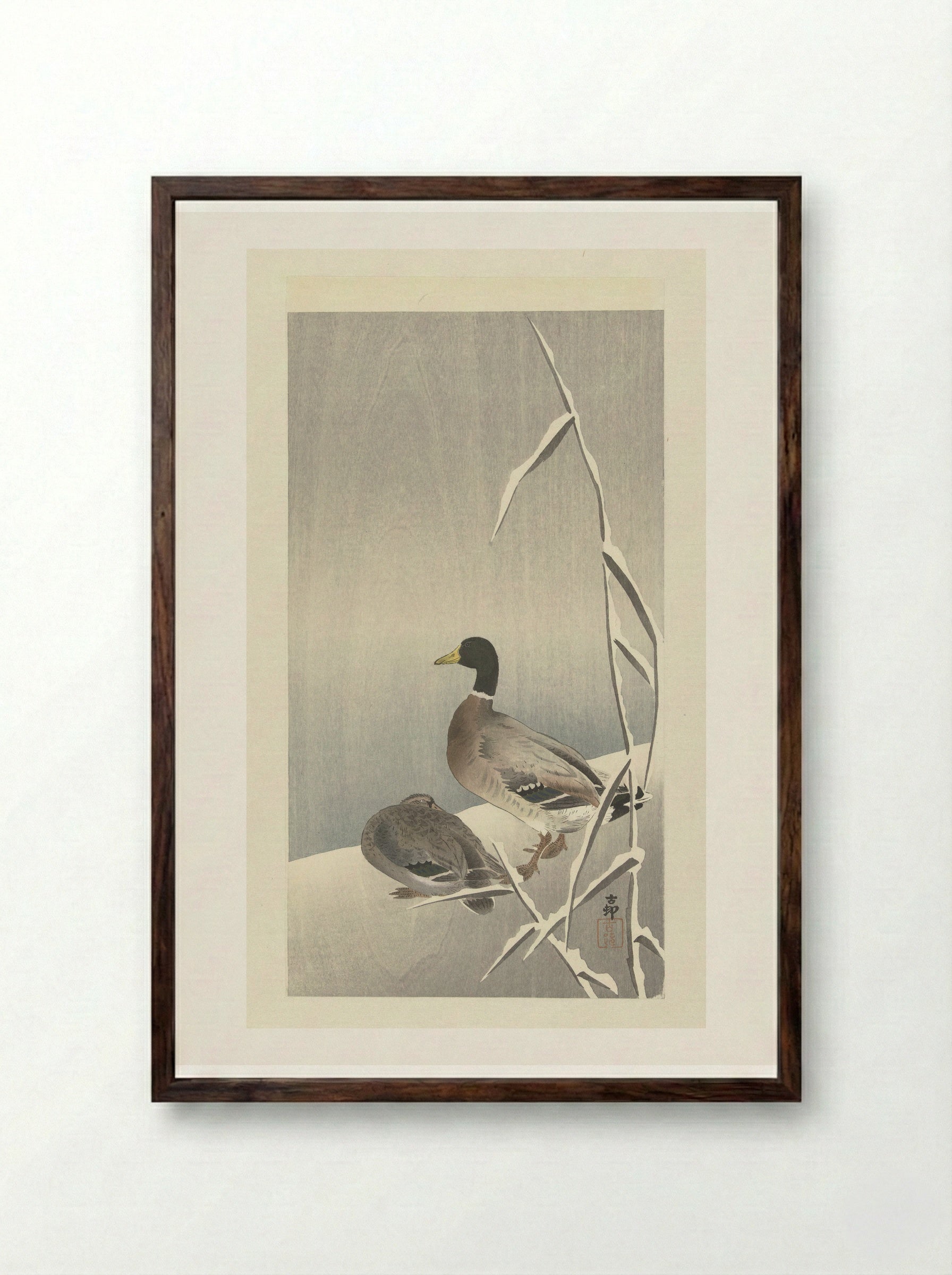 Two Ducks on a Snowy Reed Bank - Matsuki Heikichi - Framed Print Dark Wood