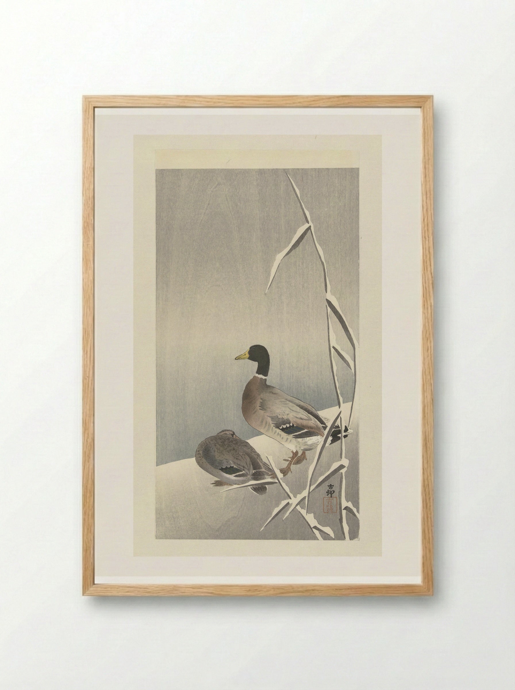 Two Ducks on a Snowy Reed Bank - Matsuki Heikichi - Framed Print Wood