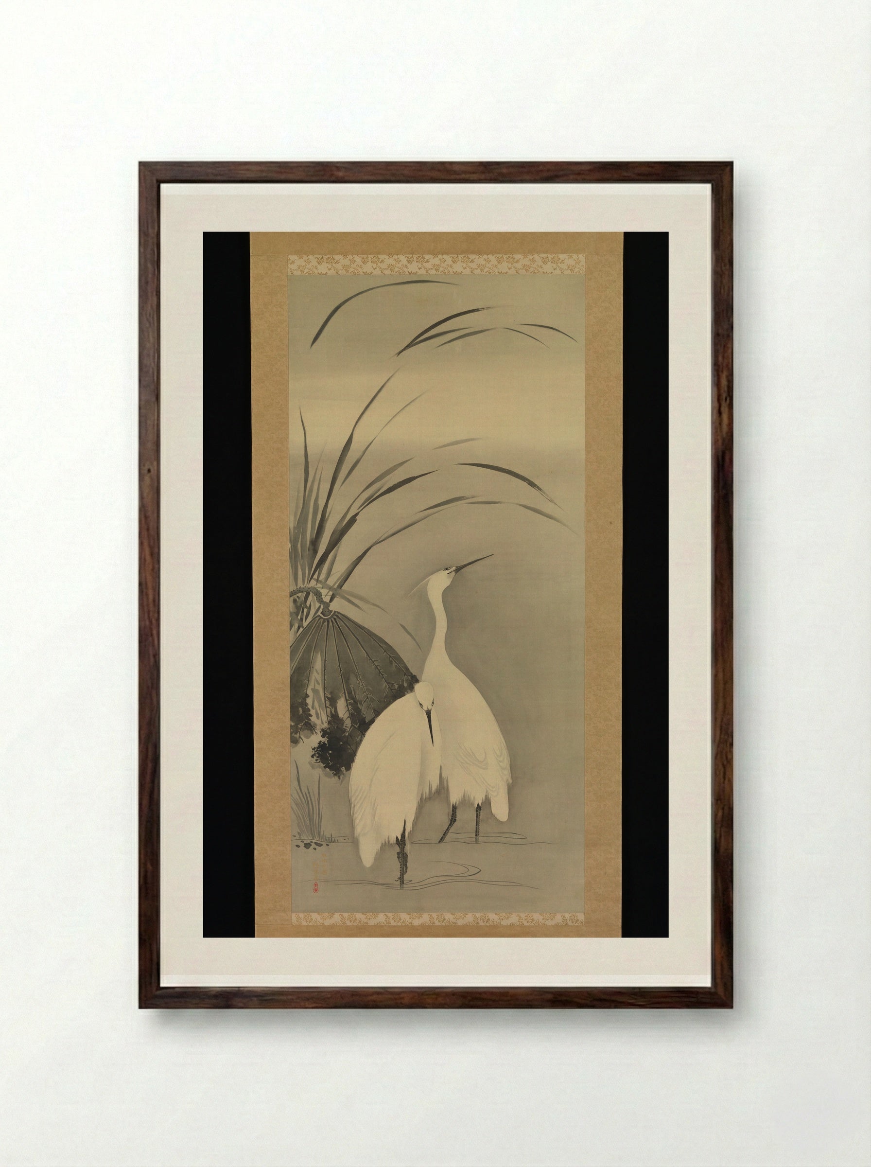 Two Egrets and Lotus - Sakai Hōitsu - Framed Print Dark Wood