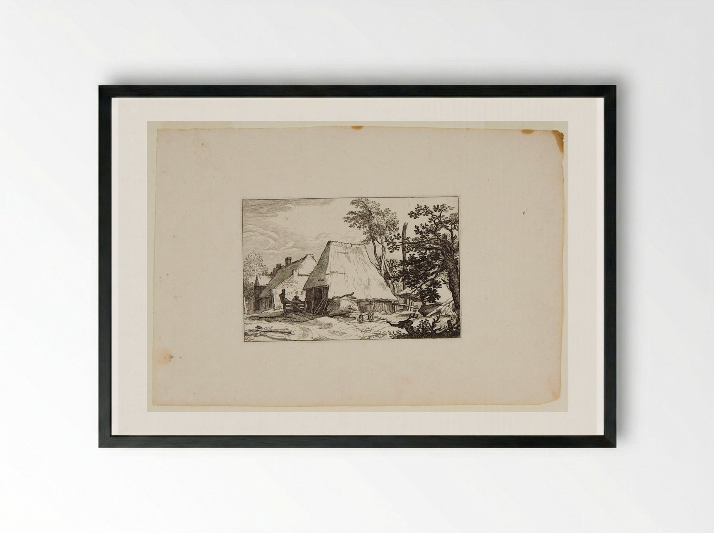 Two Farm Buildings with a Tree in Right Foreground - Claes Jansz. Visscher - Framed Print Black
