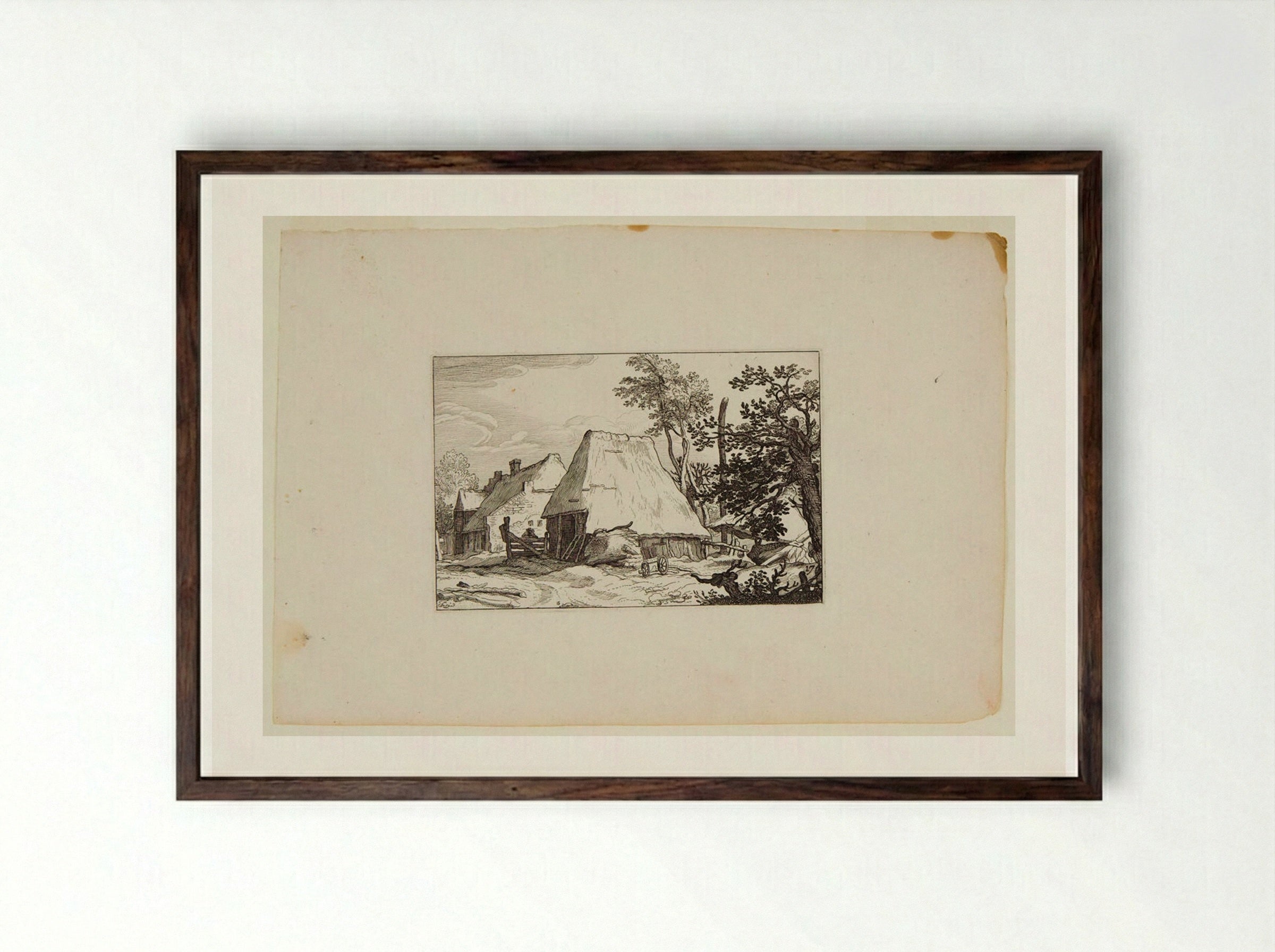 Two Farm Buildings with a Tree in Right Foreground - Claes Jansz. Visscher - Framed Print Dark Wood