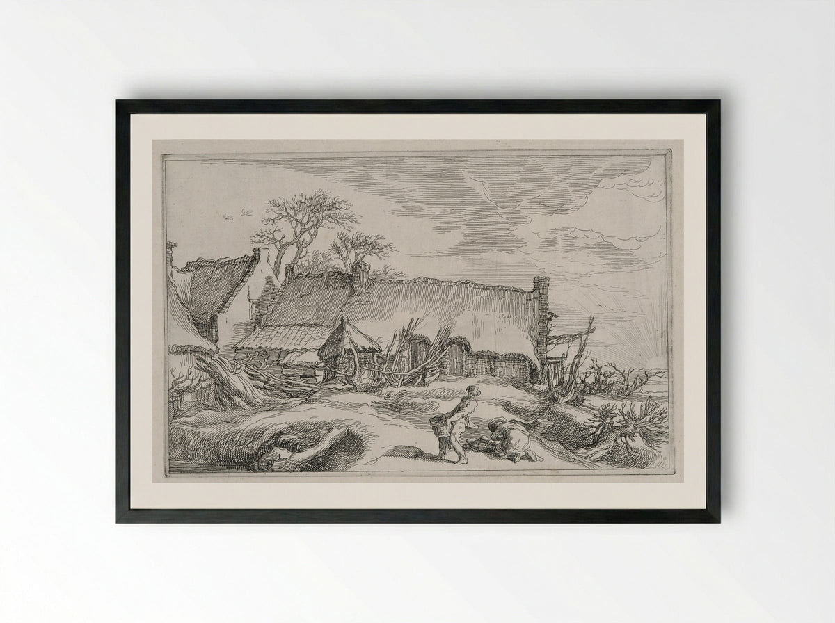 Two Figures Gathering Rocks before a Farmhouse - Boetius Adamsz. Bolswert - Framed Print Black