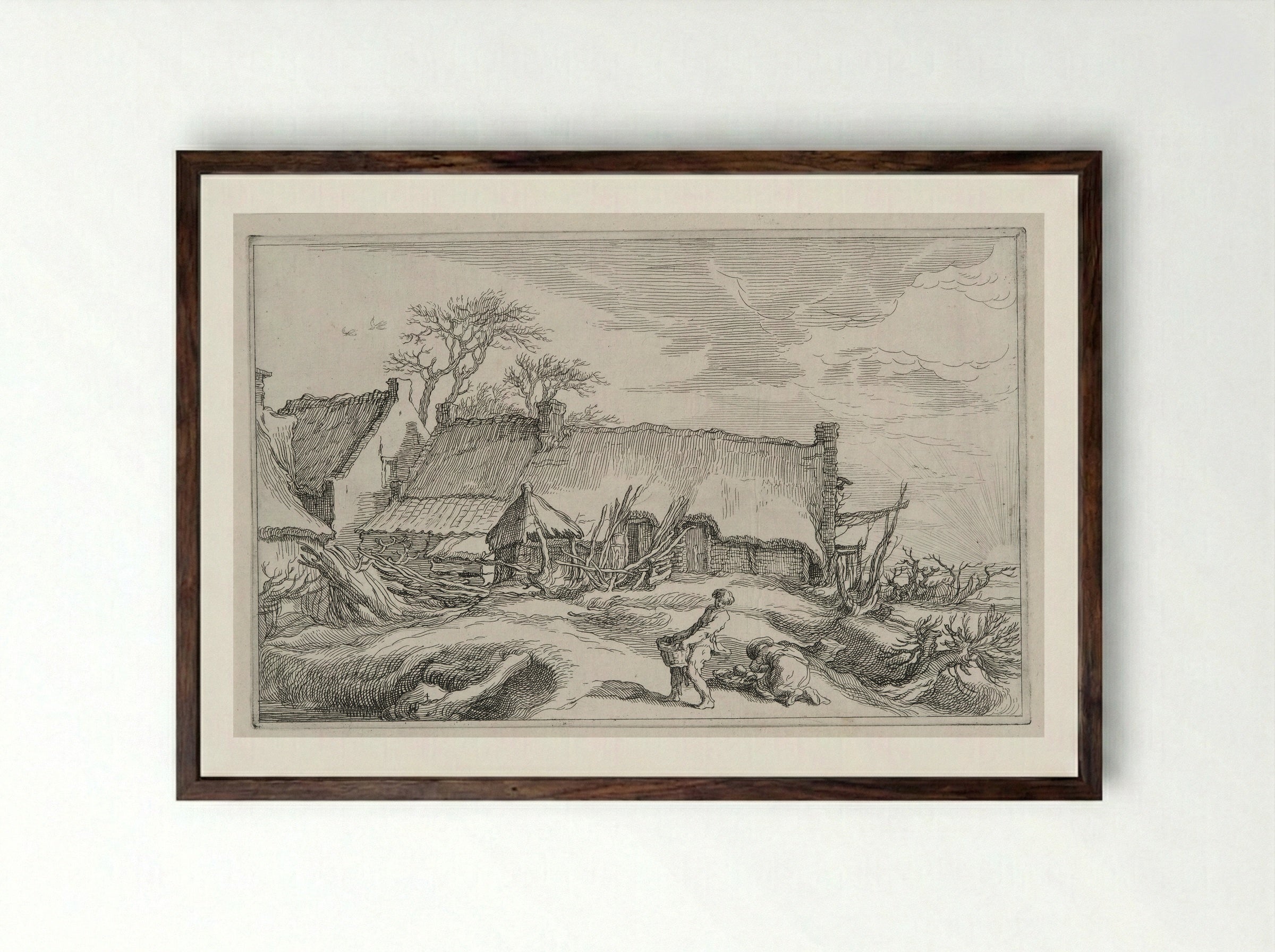 Two Figures Gathering Rocks before a Farmhouse - Boetius Adamsz. Bolswert - Framed Print Dark Wood