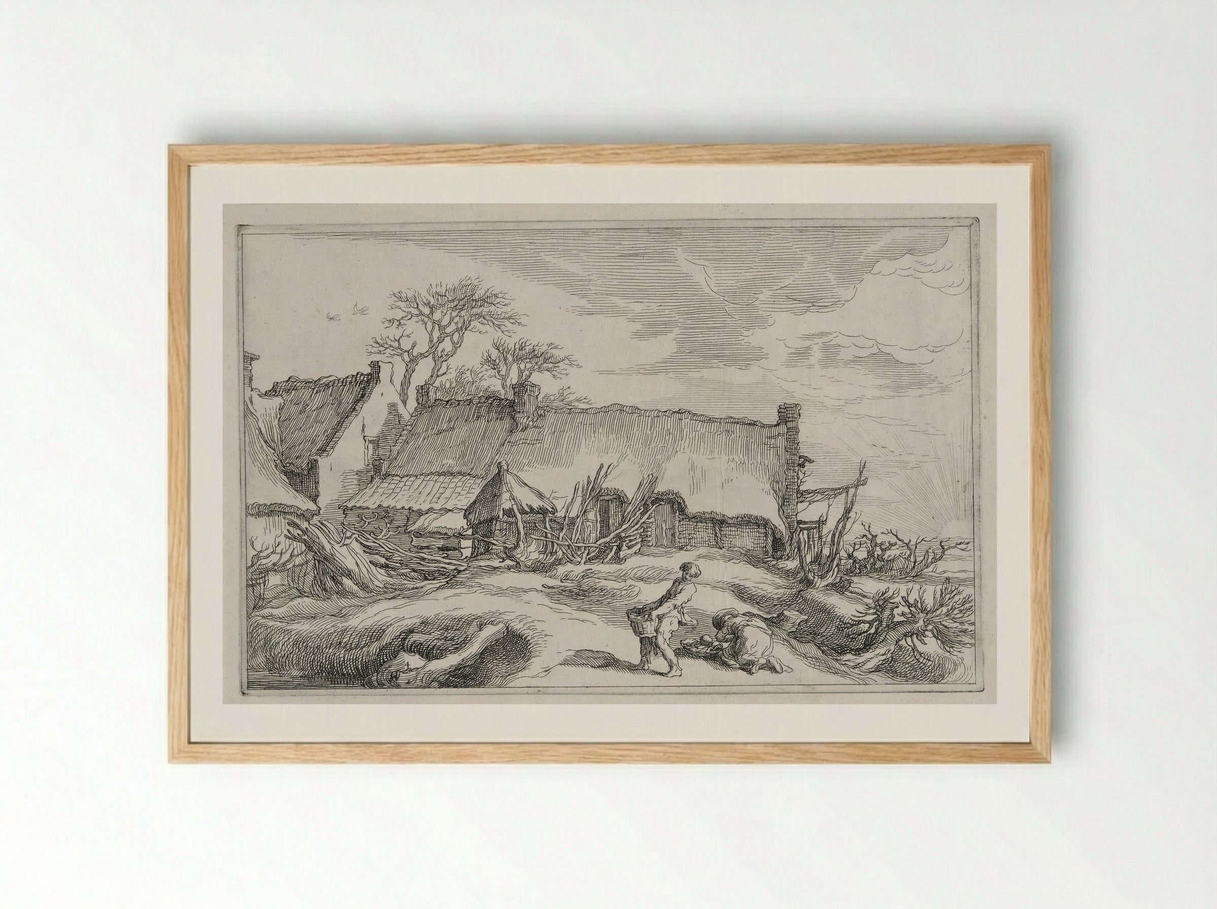 Two Figures Gathering Rocks before a Farmhouse - Boetius Adamsz. Bolswert - Framed Print Wood