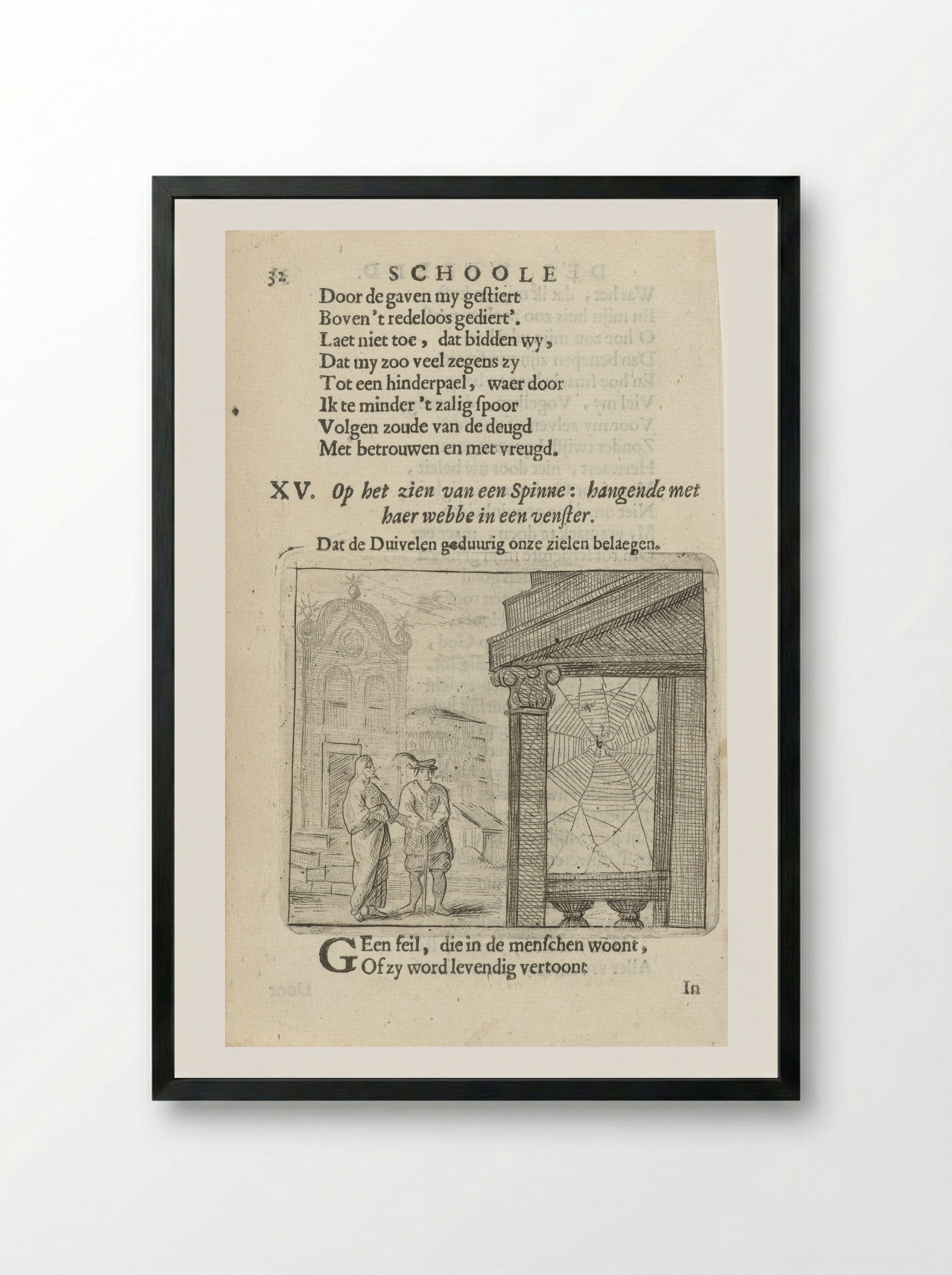 Two Figures Observing a Spiderweb - Arnold Houbraken - Framed Print Black
