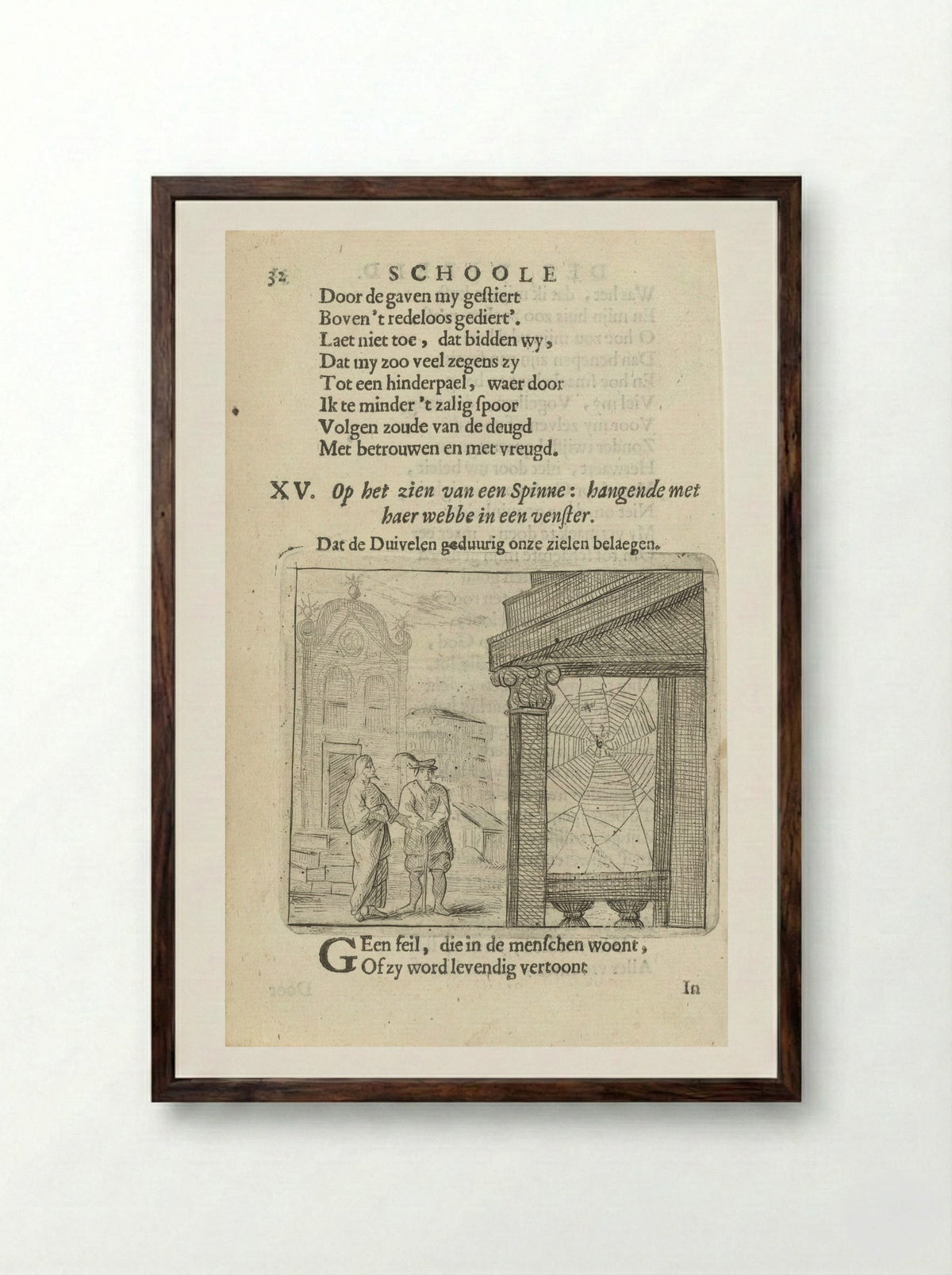 Two Figures Observing a Spiderweb - Arnold Houbraken - Framed Print Dark Wood