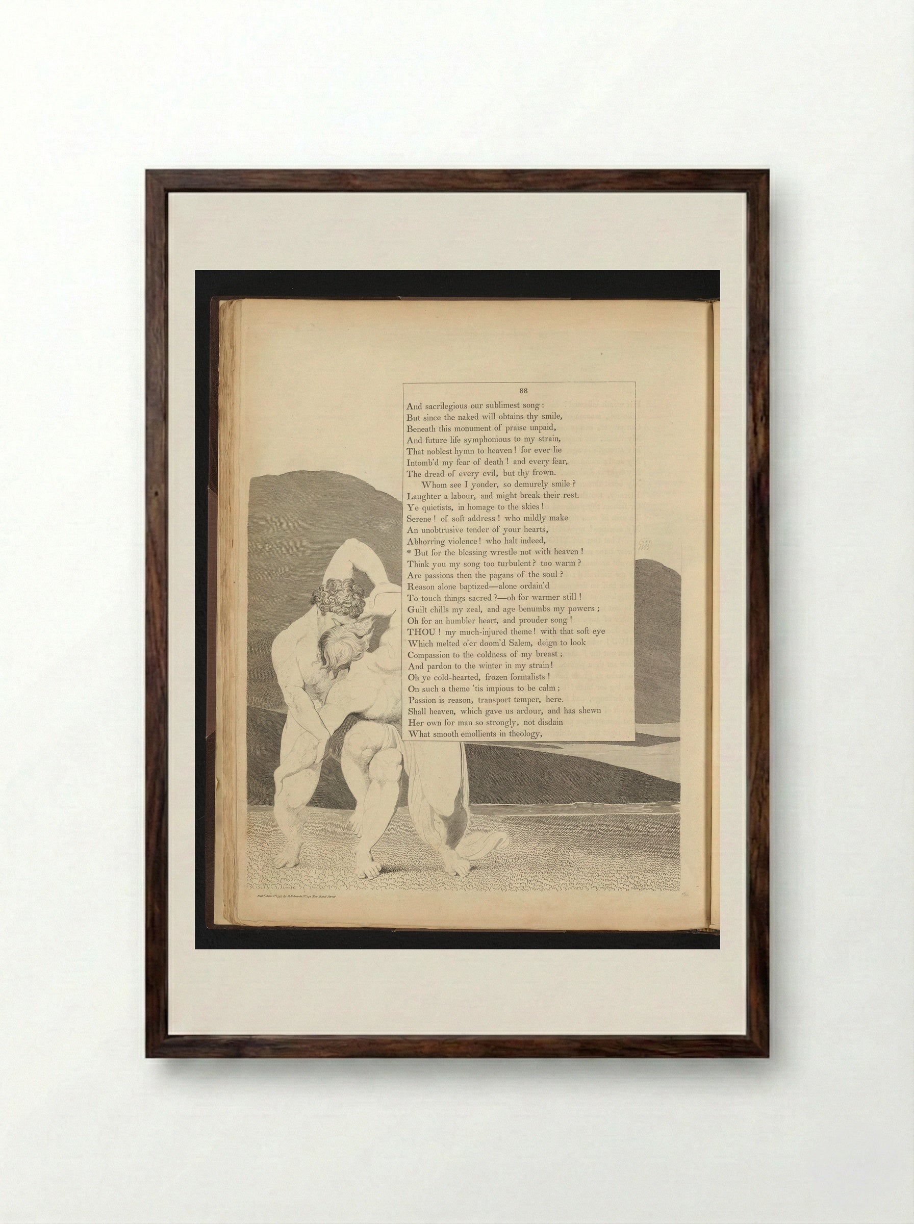 Two Figures Wrestling - William Blake - Framed Print Dark Wood