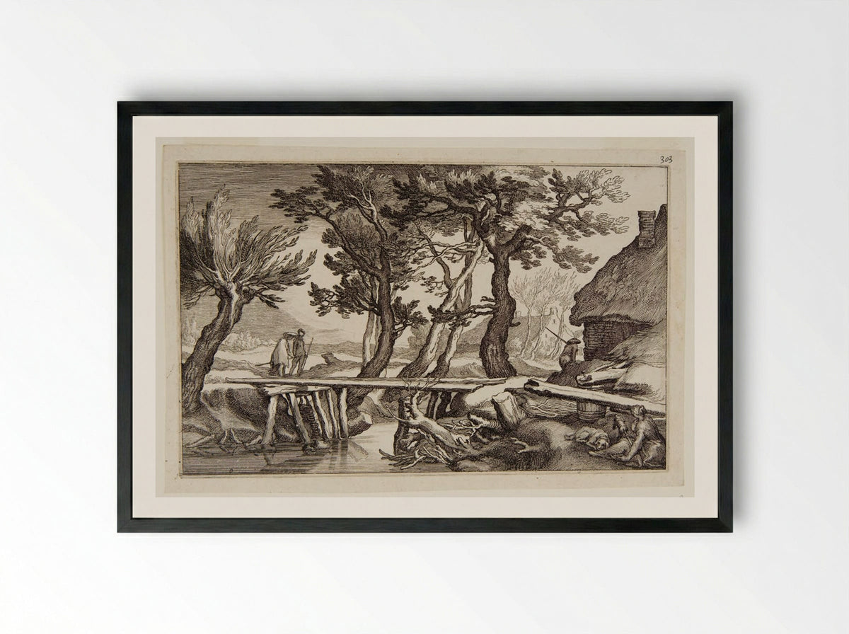 Two Figures about to Cross a Bridge - Boetius Adamsz. Bolswert - Framed Print Black