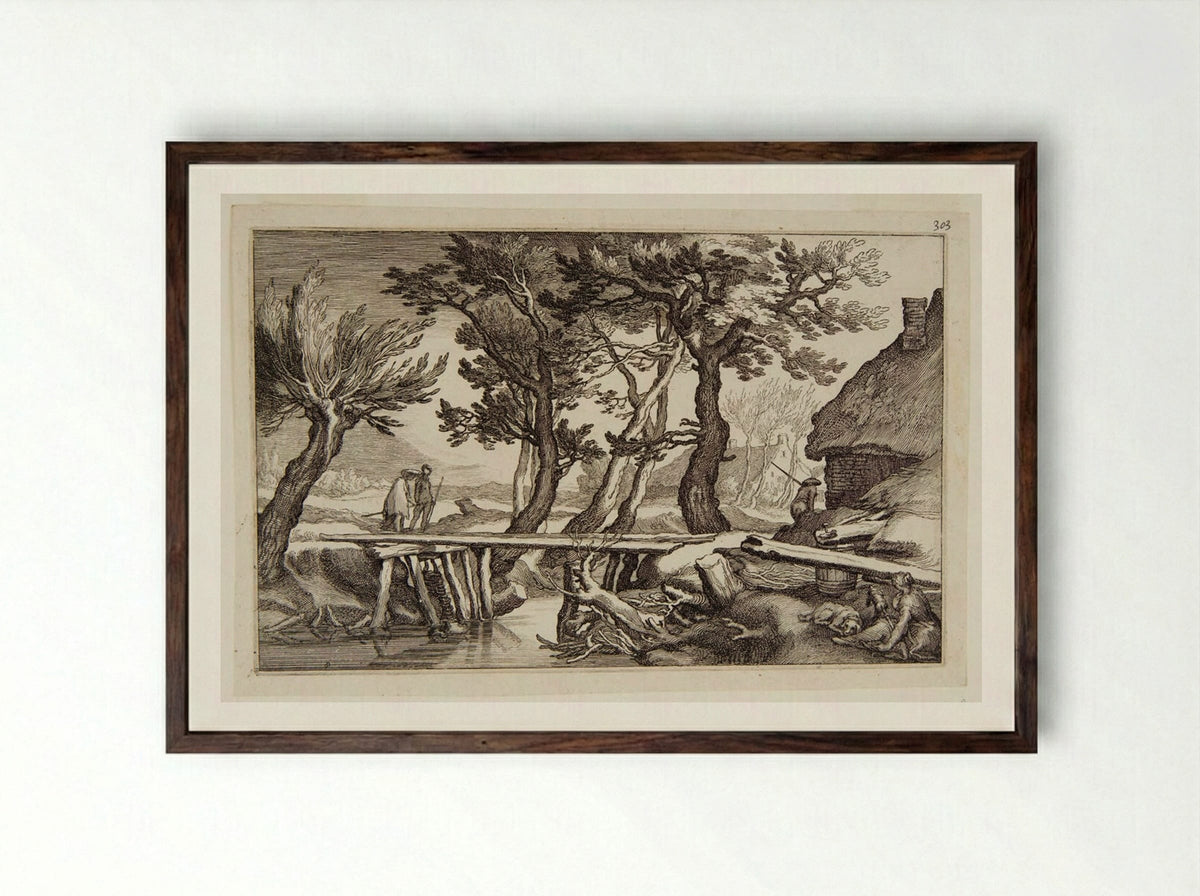 Two Figures about to Cross a Bridge - Boetius Adamsz. Bolswert - Framed Print Dark Wood