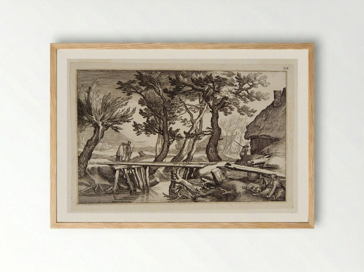 Two Figures about to Cross a Bridge - Boetius Adamsz. Bolswert - Framed Print Wood
