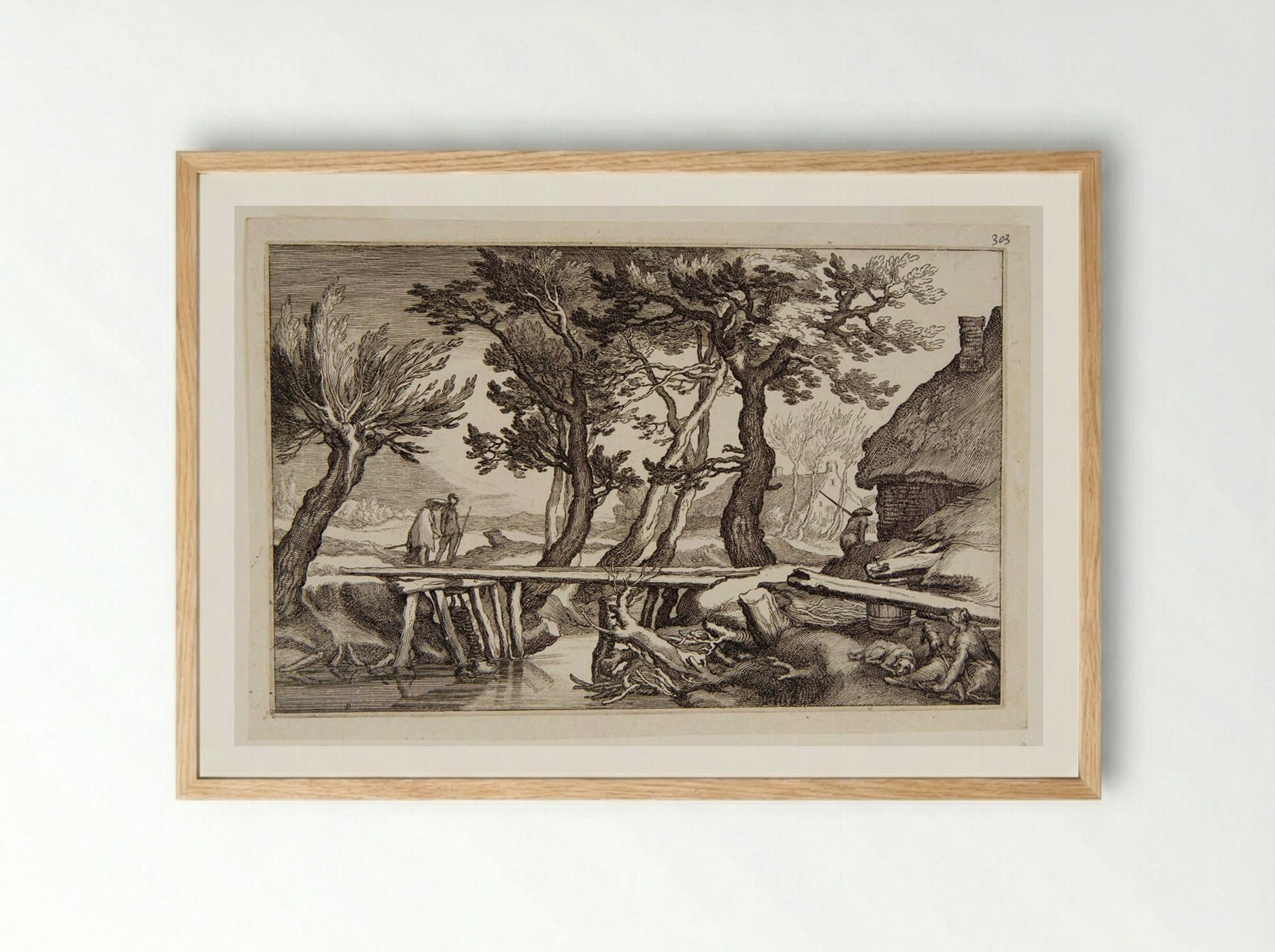 Two Figures about to Cross a Bridge - Boetius Adamsz. Bolswert - Framed Print Wood