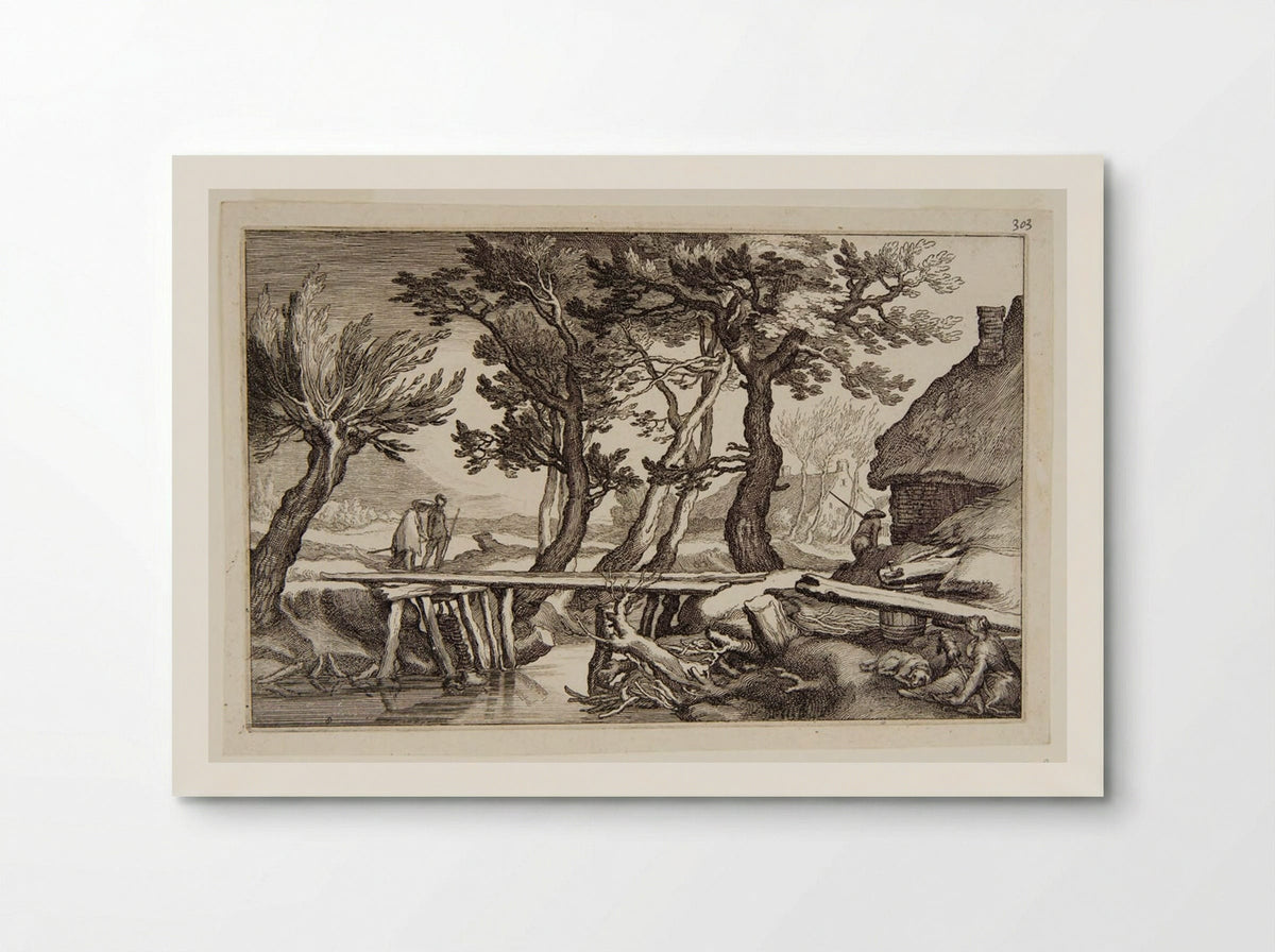 Two Figures about to Cross a Bridge - Boetius Adamsz. Bolswert - Poster