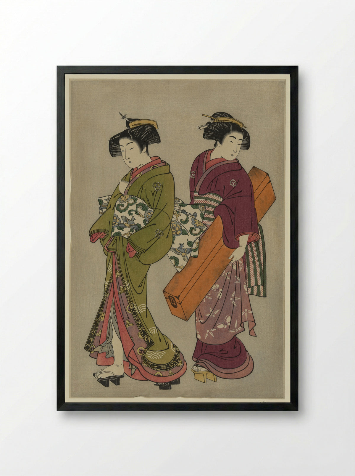 Two Geisha Holding a Shamisen and a Song Book - Kitao Shigemasa - Framed Print Black