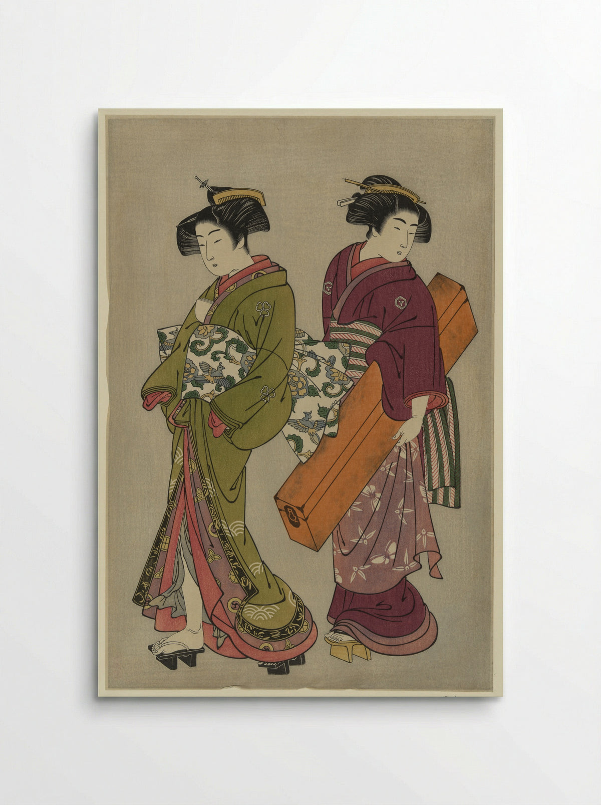 Two Geisha Holding a Shamisen and a Song Book - Kitao Shigemasa - Poster