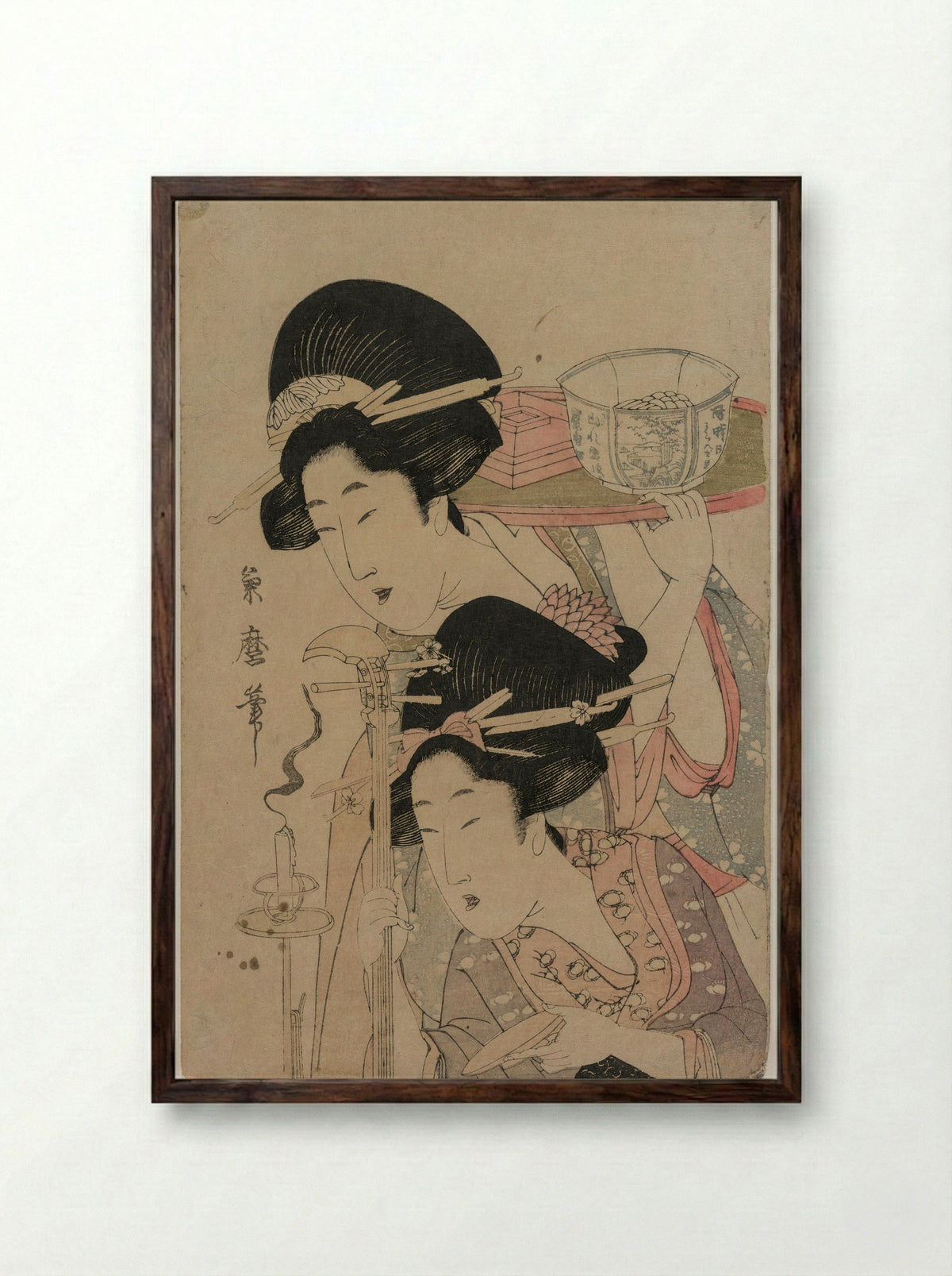 Two Geishas beside a Candle - Kitagawa Tsukimaro - Framed Print Dark Wood