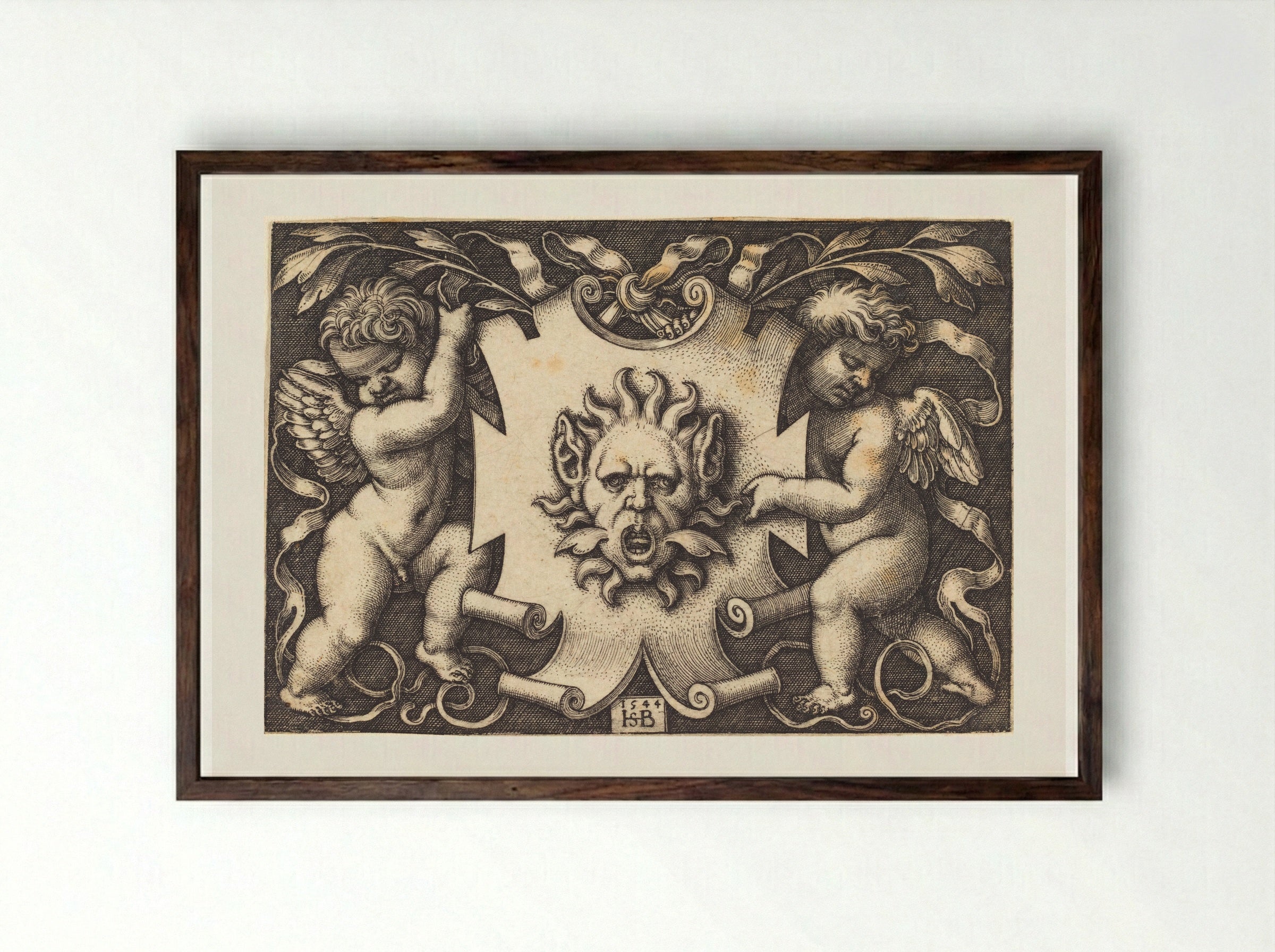 Two Genii - Sebald Beham - Framed Print Dark Wood
