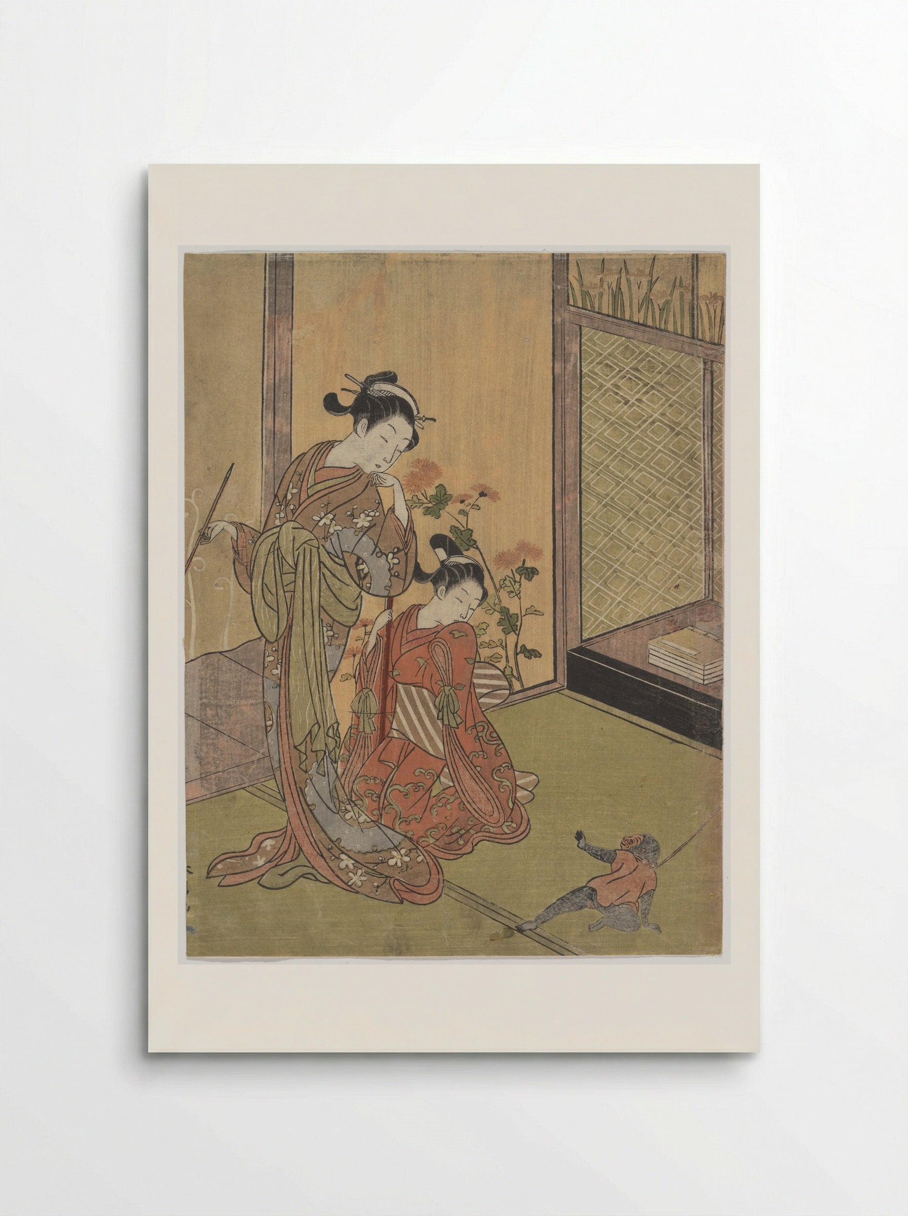 Two Girls Looking at a Monkey on a Leash - Suzuki Harunobu - Poster