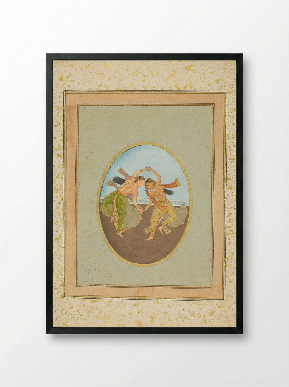 Two Girls Performing Kathak - Mughal School - Framed Print Black