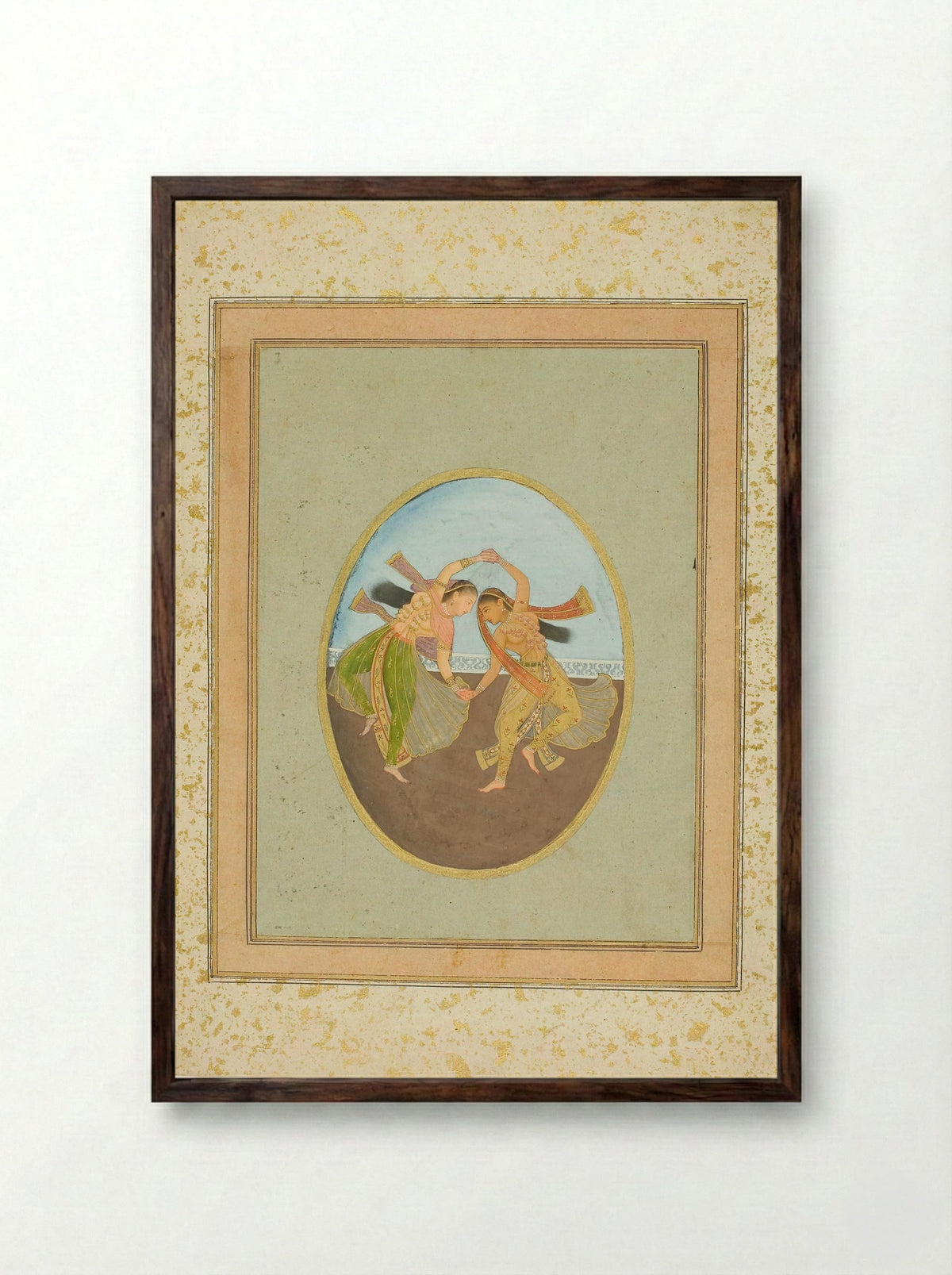 Two Girls Performing Kathak - Mughal School - Framed Print Dark Wood