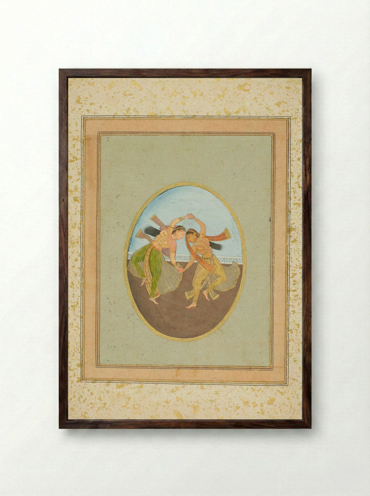 Two Girls Performing Kathak - Mughal School - Framed Print Dark Wood