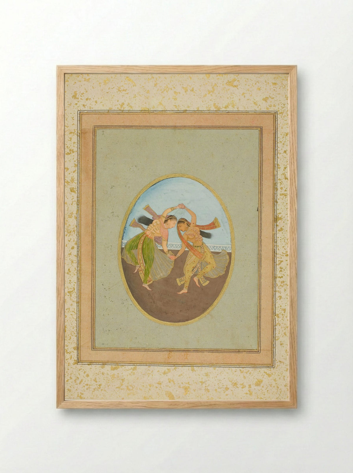 Two Girls Performing Kathak - Mughal School - Framed Print Wood