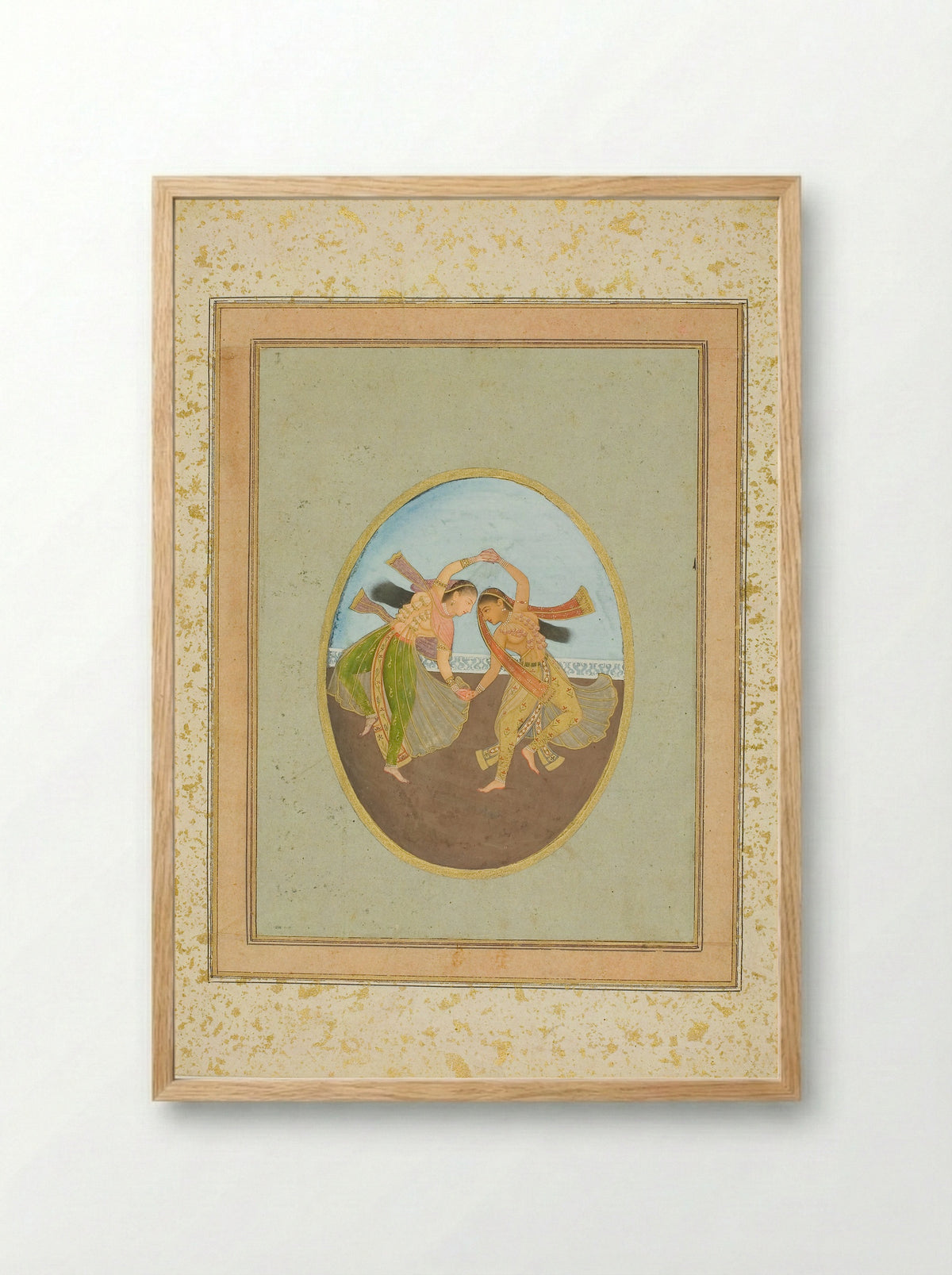 Two Girls Performing Kathak - Mughal School - Framed Print Wood