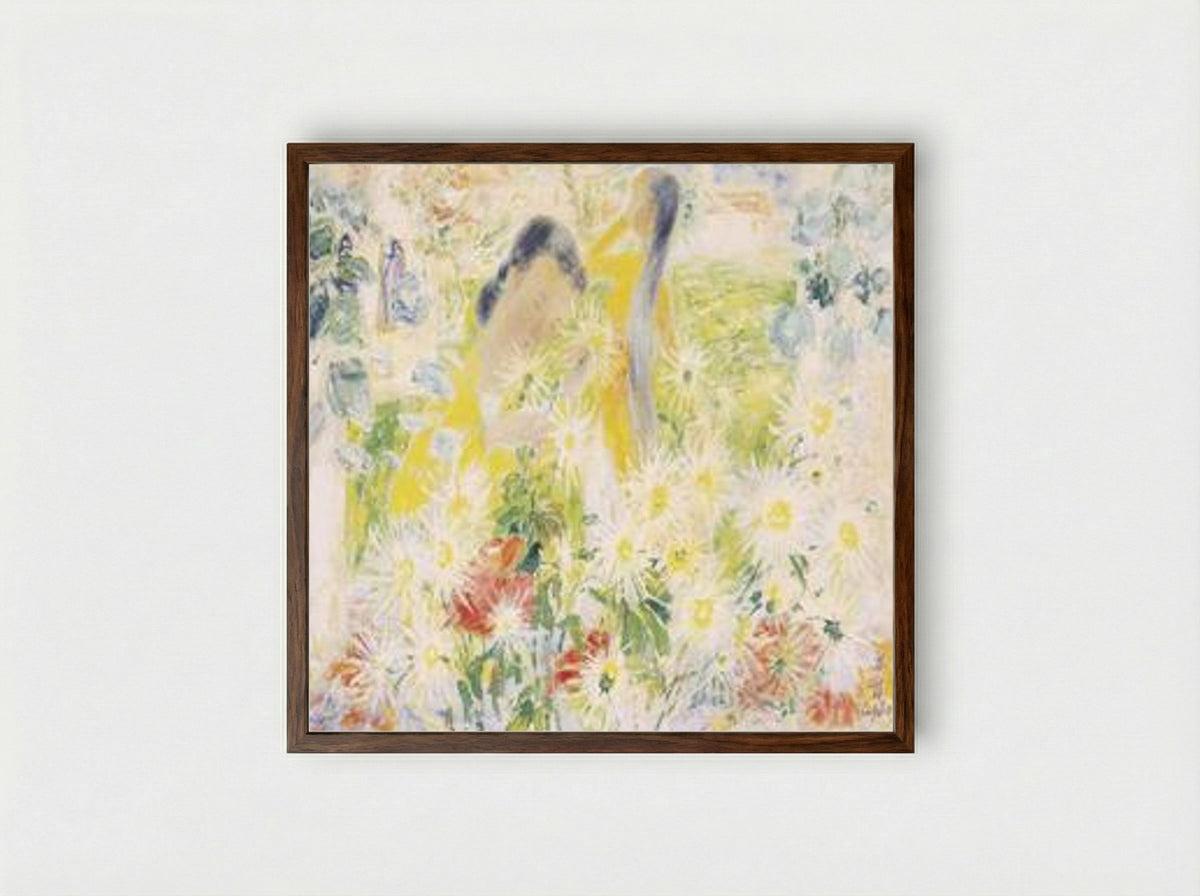 Two Girls in the Flower Garden - Le Pho - Framed Print Dark Wood