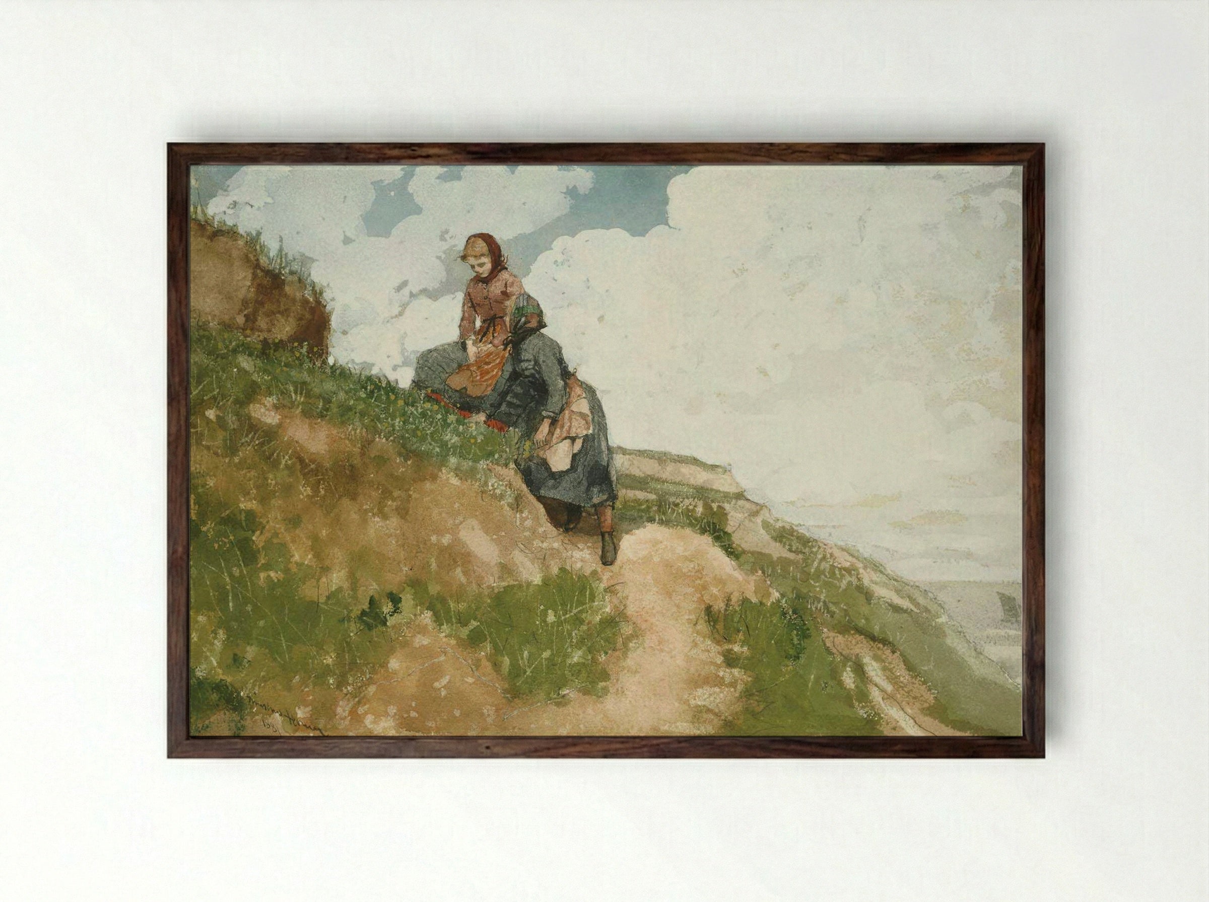 Two Girls on a Cliff - Winslow Homer - Framed Print Dark Wood