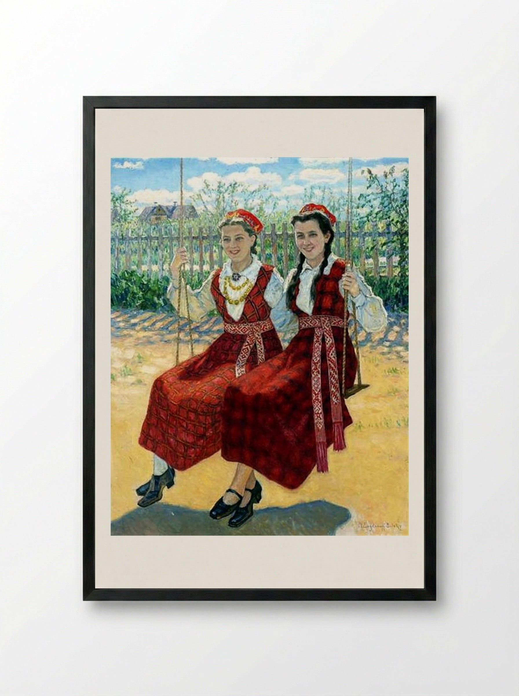 Two Girls on a Swing - Nikolay Bogdanov-Belsky - Framed Print Black