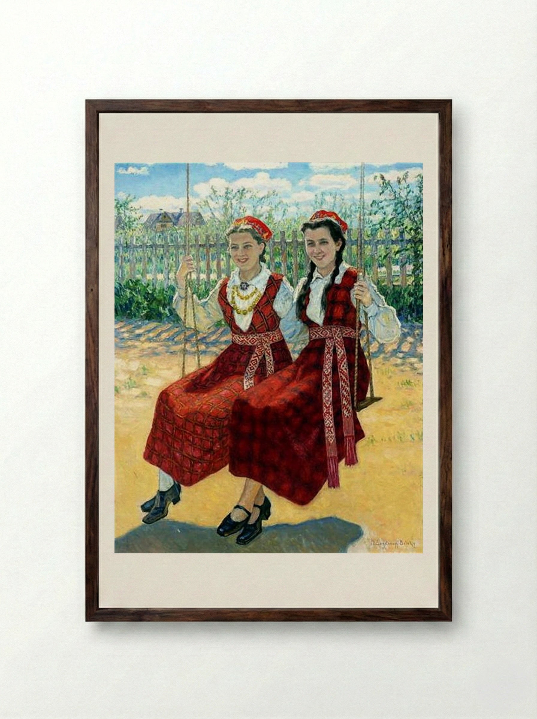 Two Girls on a Swing - Nikolay Bogdanov-Belsky - Framed Print Dark Wood