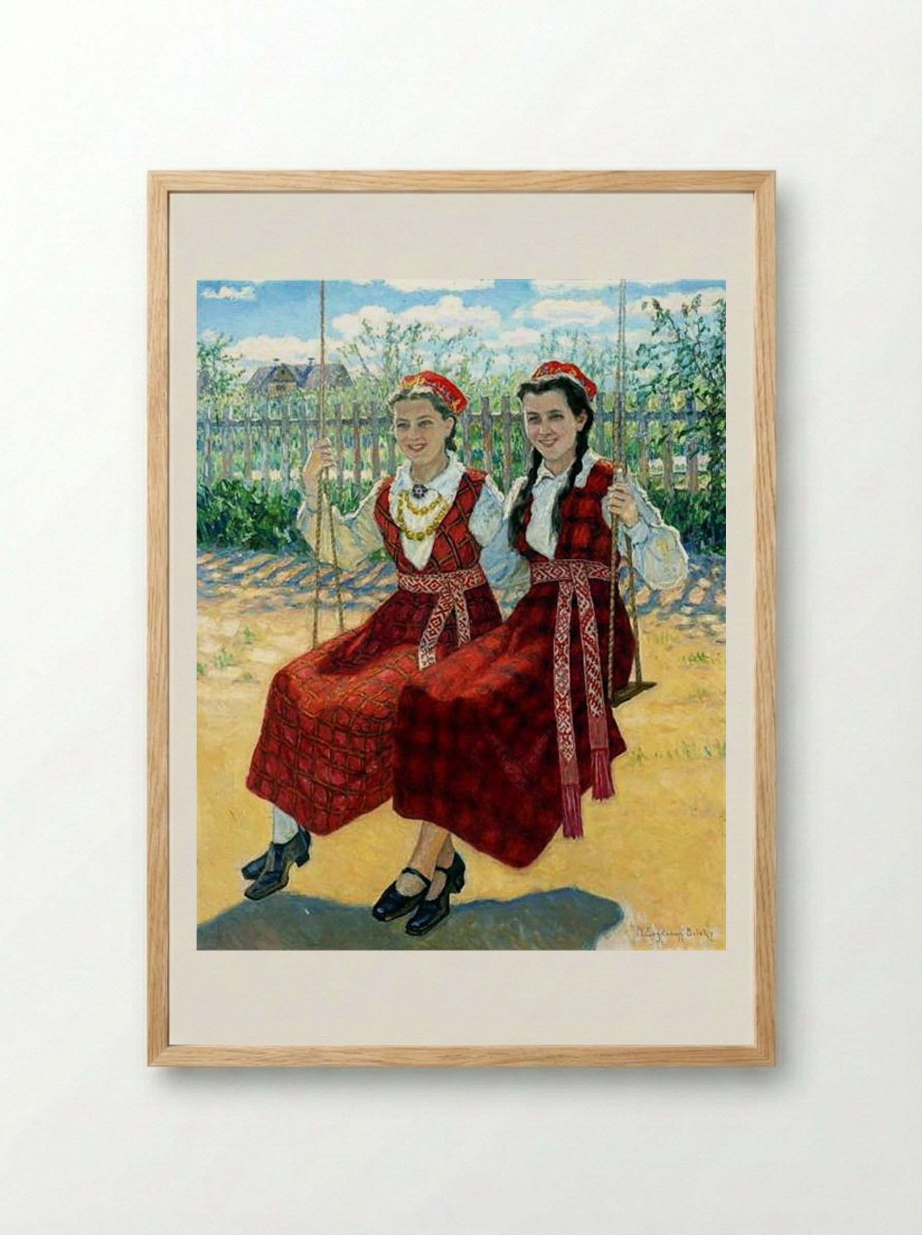 Two Girls on a Swing - Nikolay Bogdanov-Belsky - Framed Print Wood