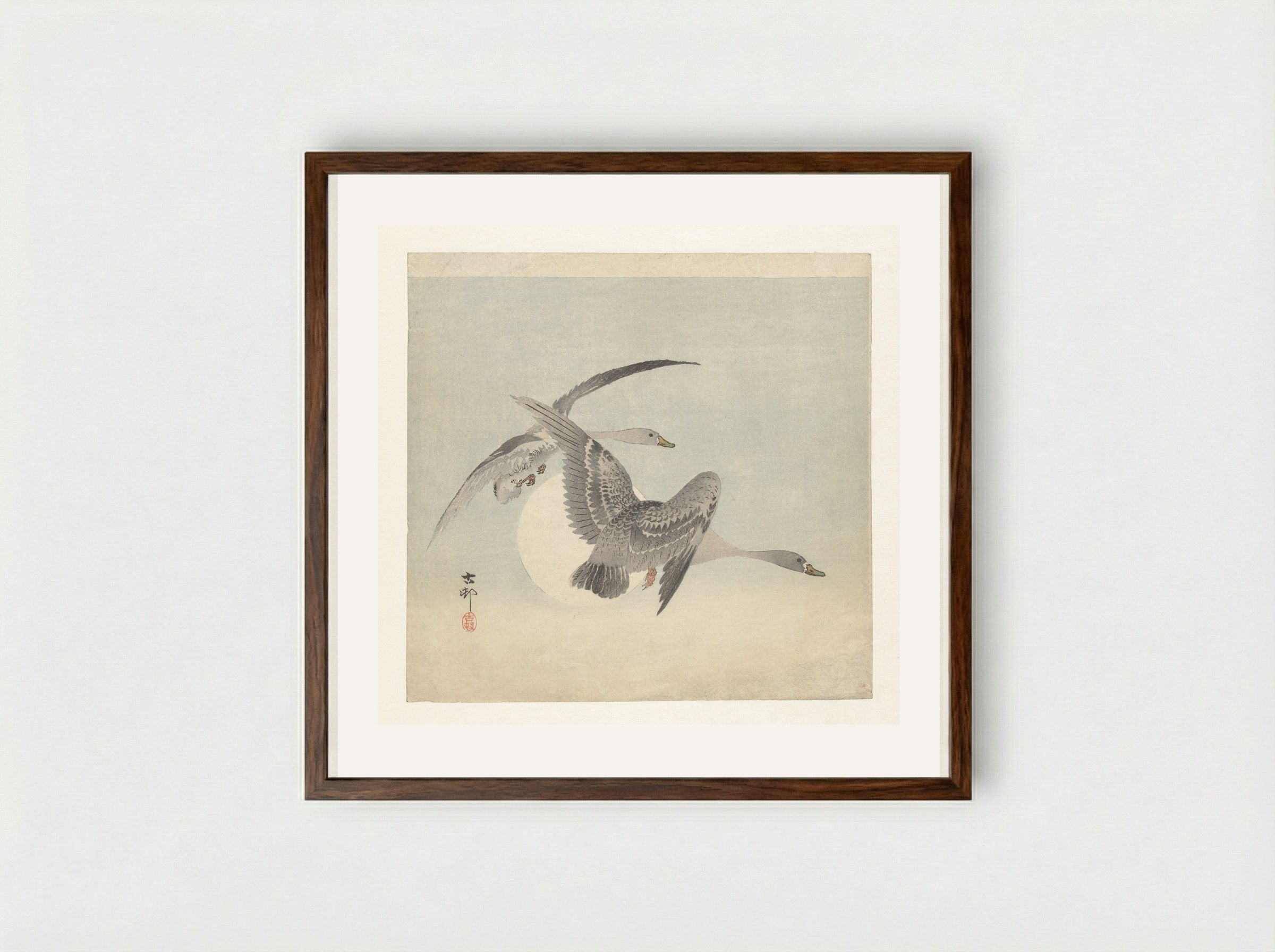 Two Greater White-fronted Geese in Flight - Matsuki Heikichi - Framed Print Dark Wood
