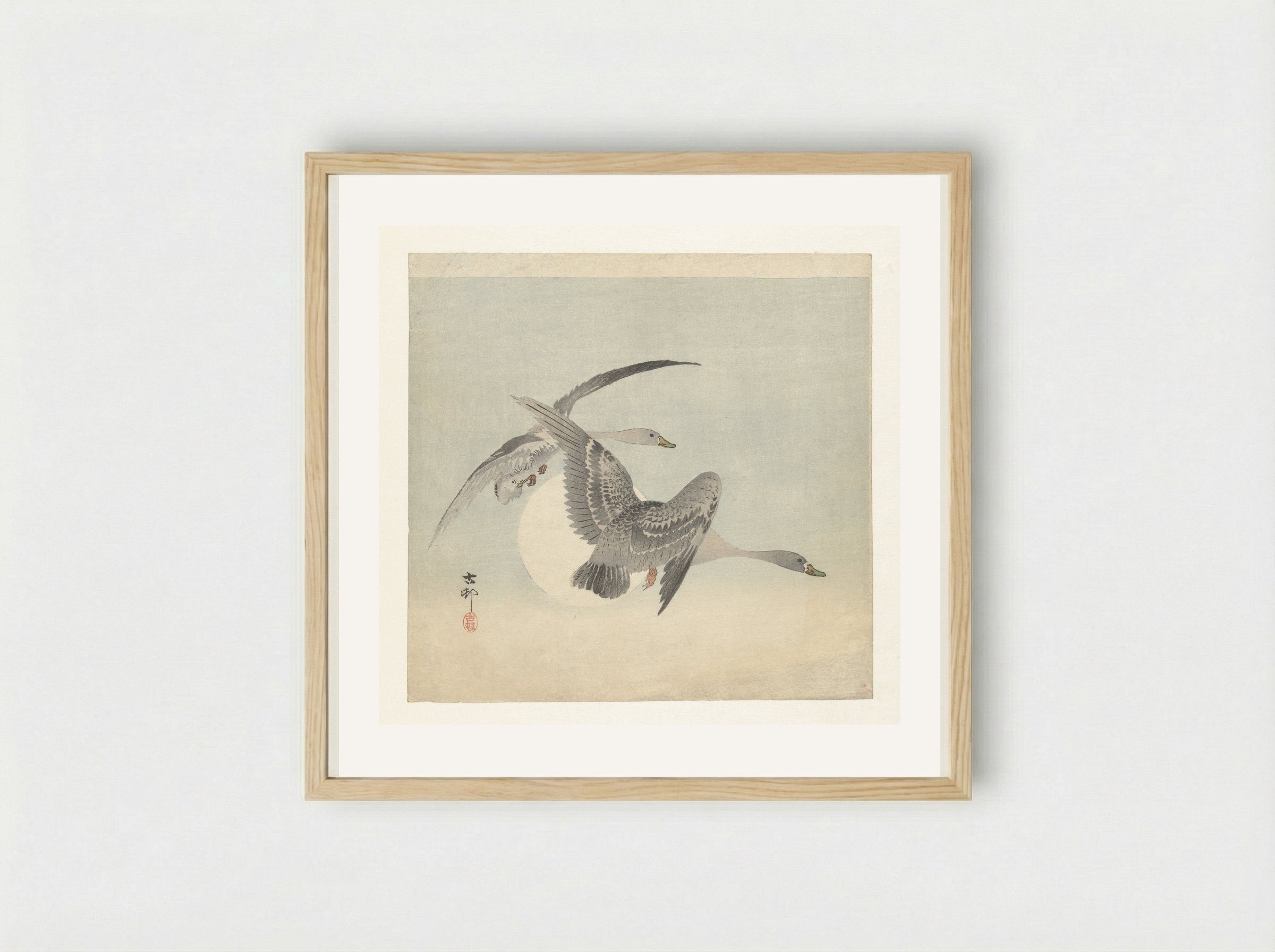 Two Greater White-fronted Geese in Flight - Matsuki Heikichi - Framed Print Wood