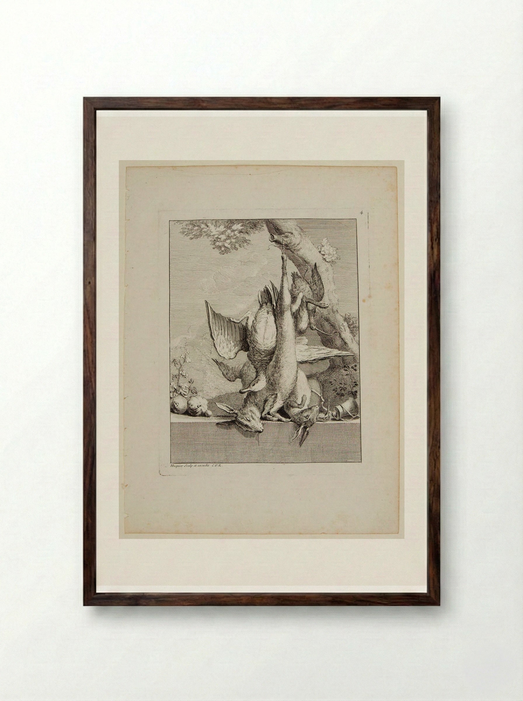 Two Hares, a Duck, and Pomegranates - Gabriel Huquier - Framed Print Dark Wood