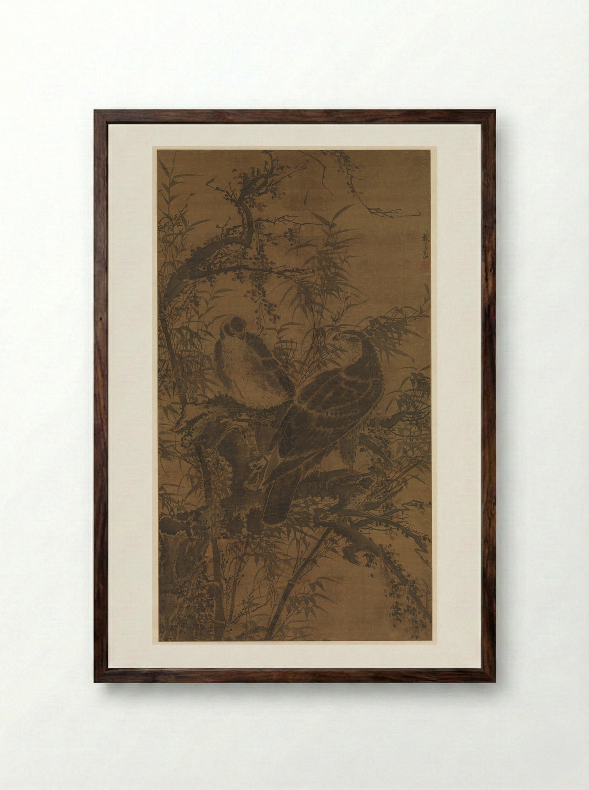 Two Hawks in a Thicket - Lin Liang - Framed Print Dark Wood