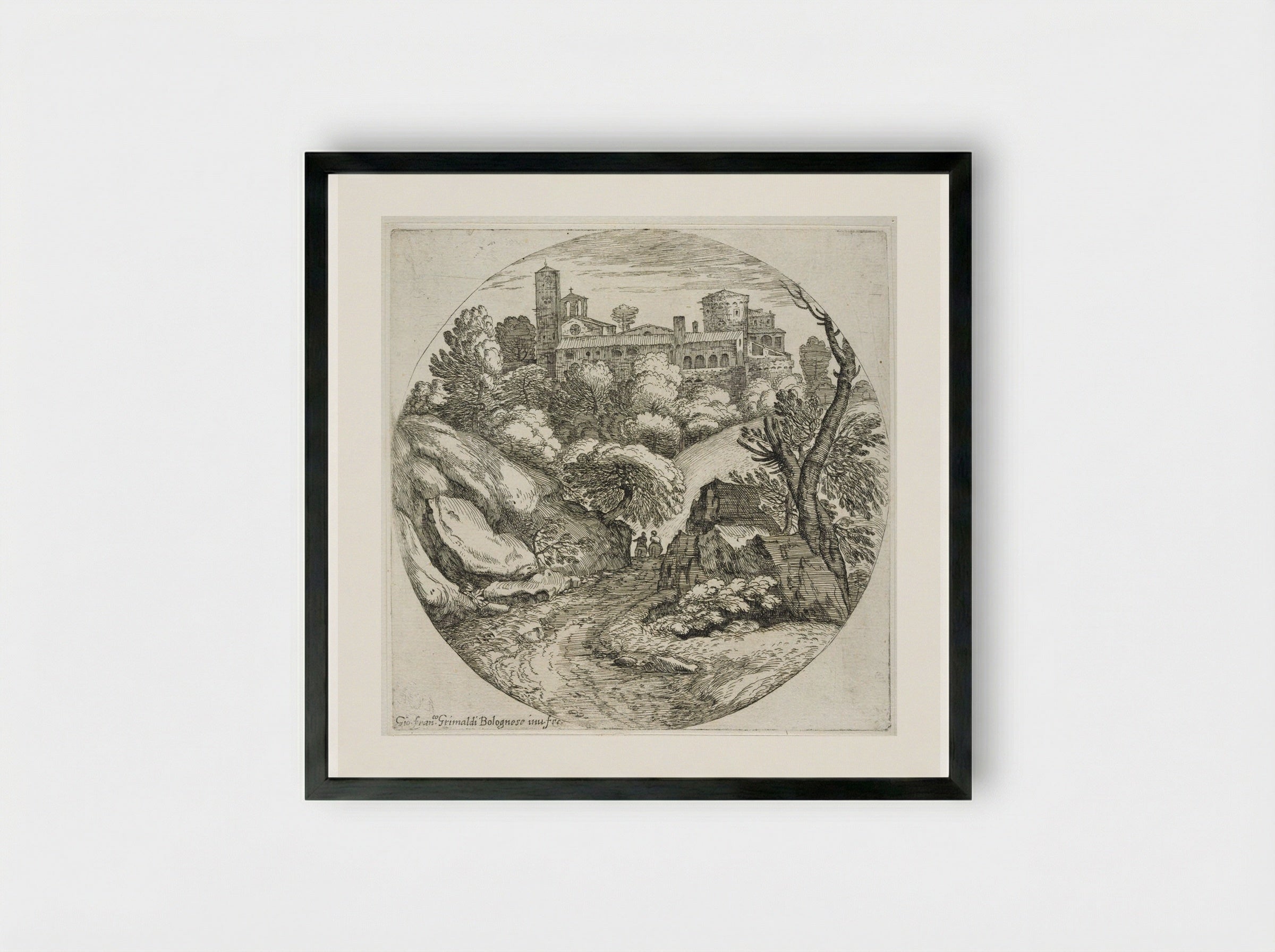 Two Horsemen on the Road to a Castle - Giovanni Francesco Grimaldi - Framed Print Black