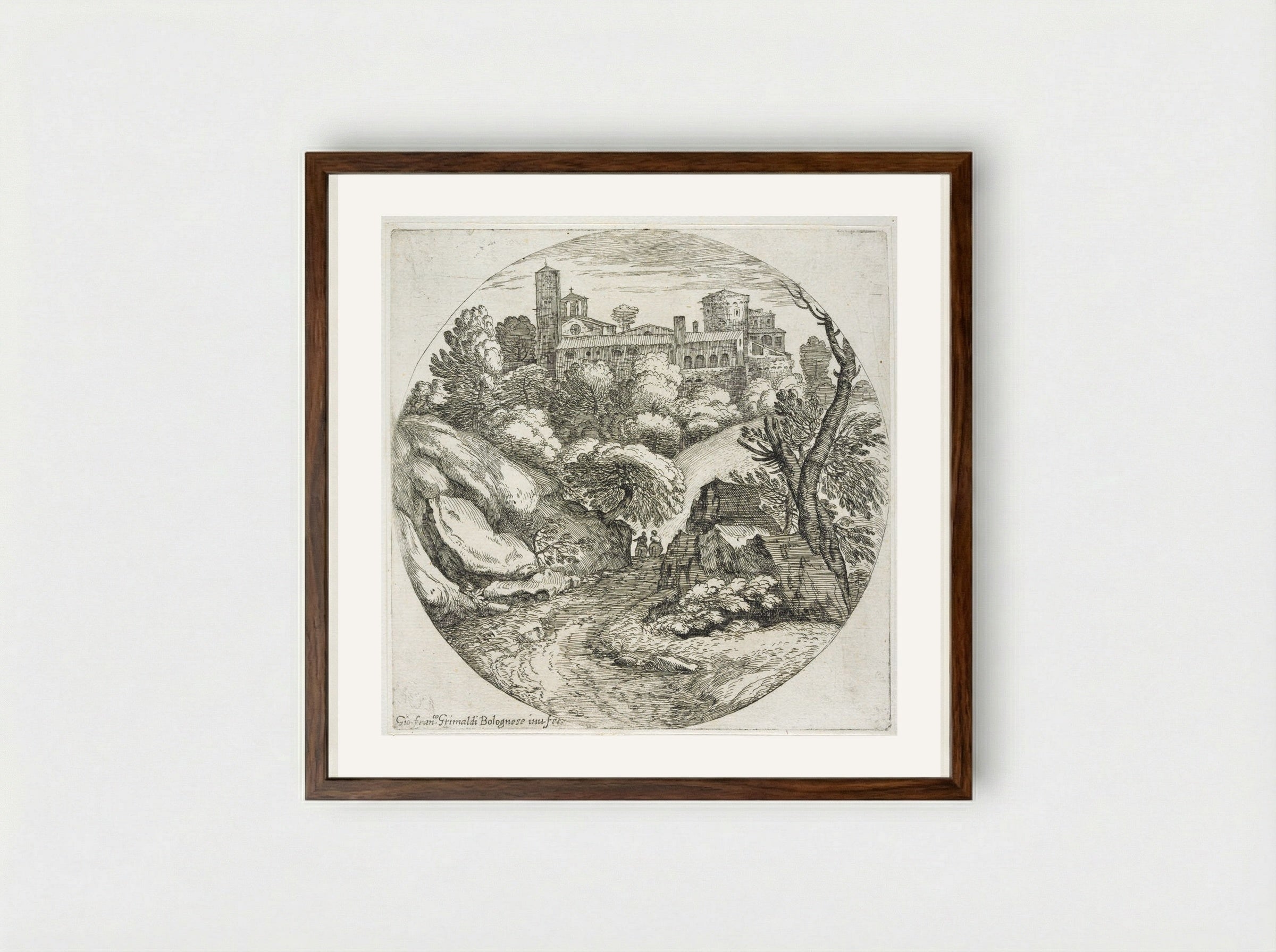 Two Horsemen on the Road to a Castle - Giovanni Francesco Grimaldi - Framed Print Dark Wood