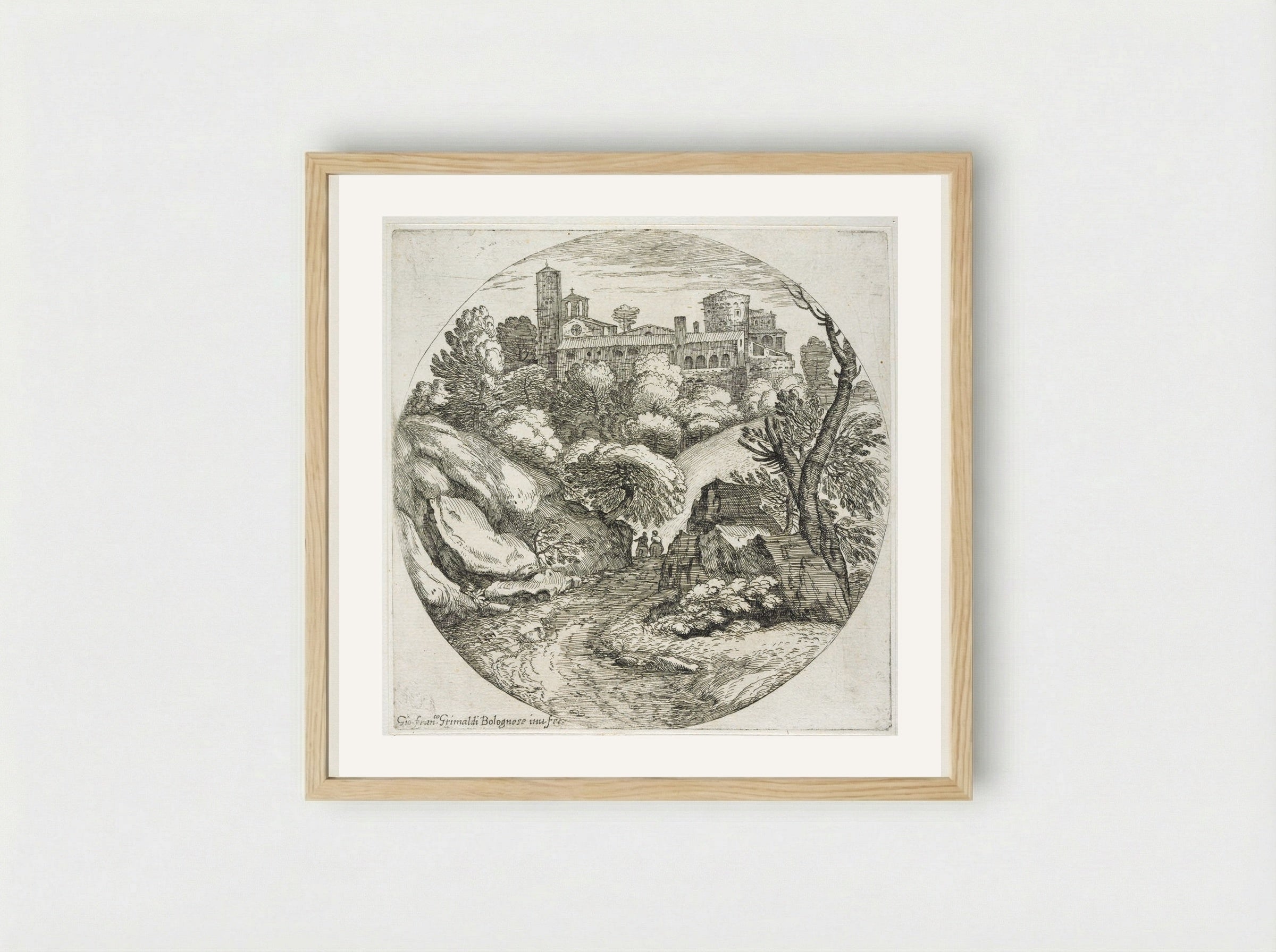 Two Horsemen on the Road to a Castle - Giovanni Francesco Grimaldi - Framed Print Wood