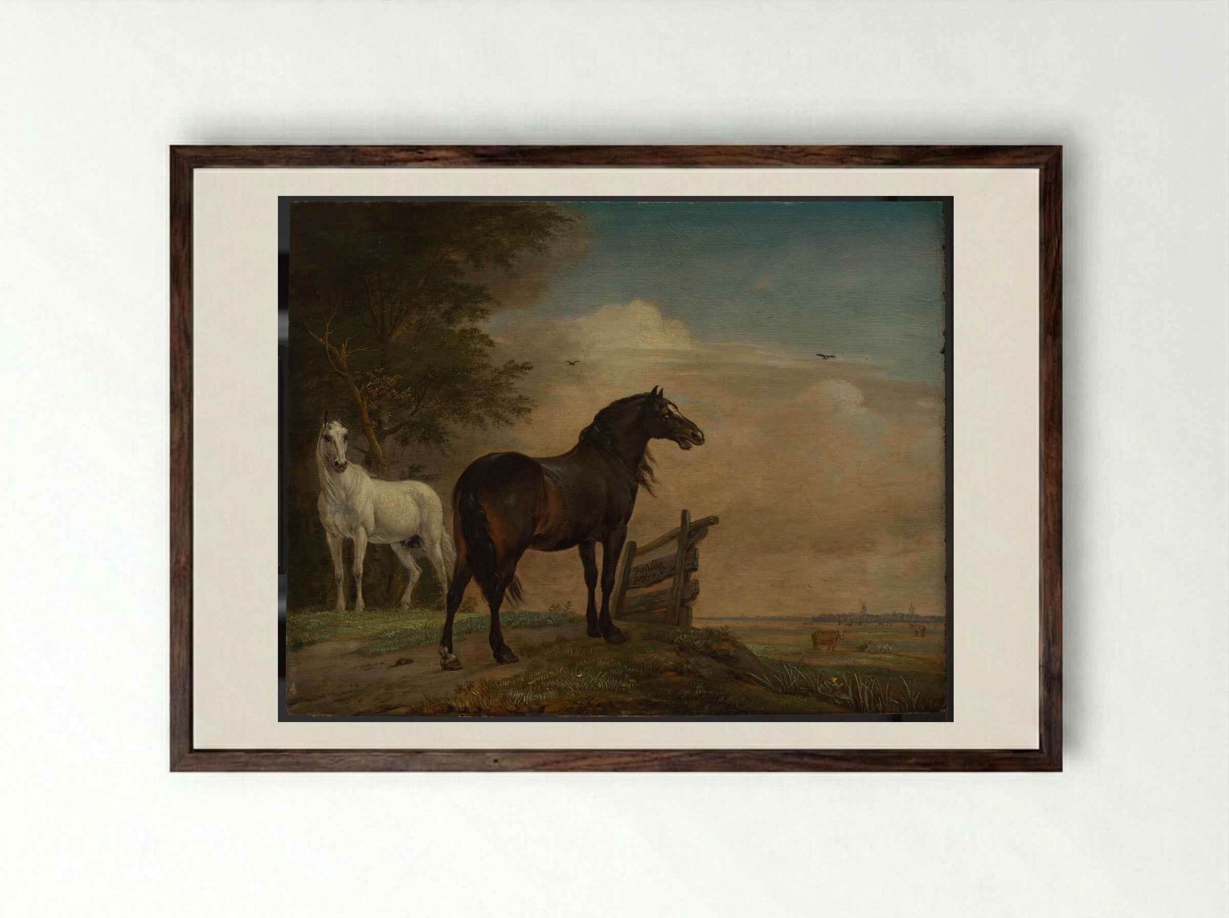 Two Horses in a Meadow near a Gate - Paulus Potter - Framed Print Dark Wood