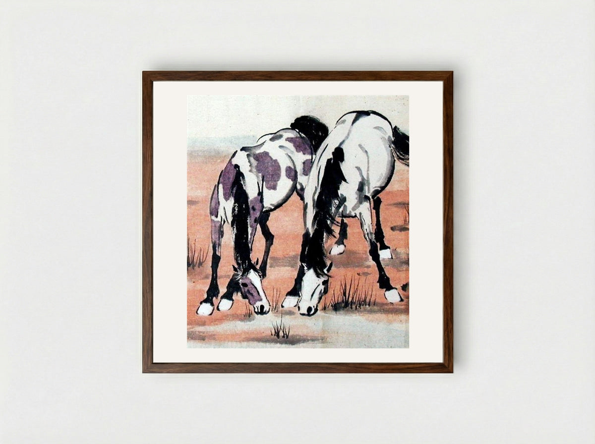 Two Horses - Xu Beihong - Framed Print Dark Wood