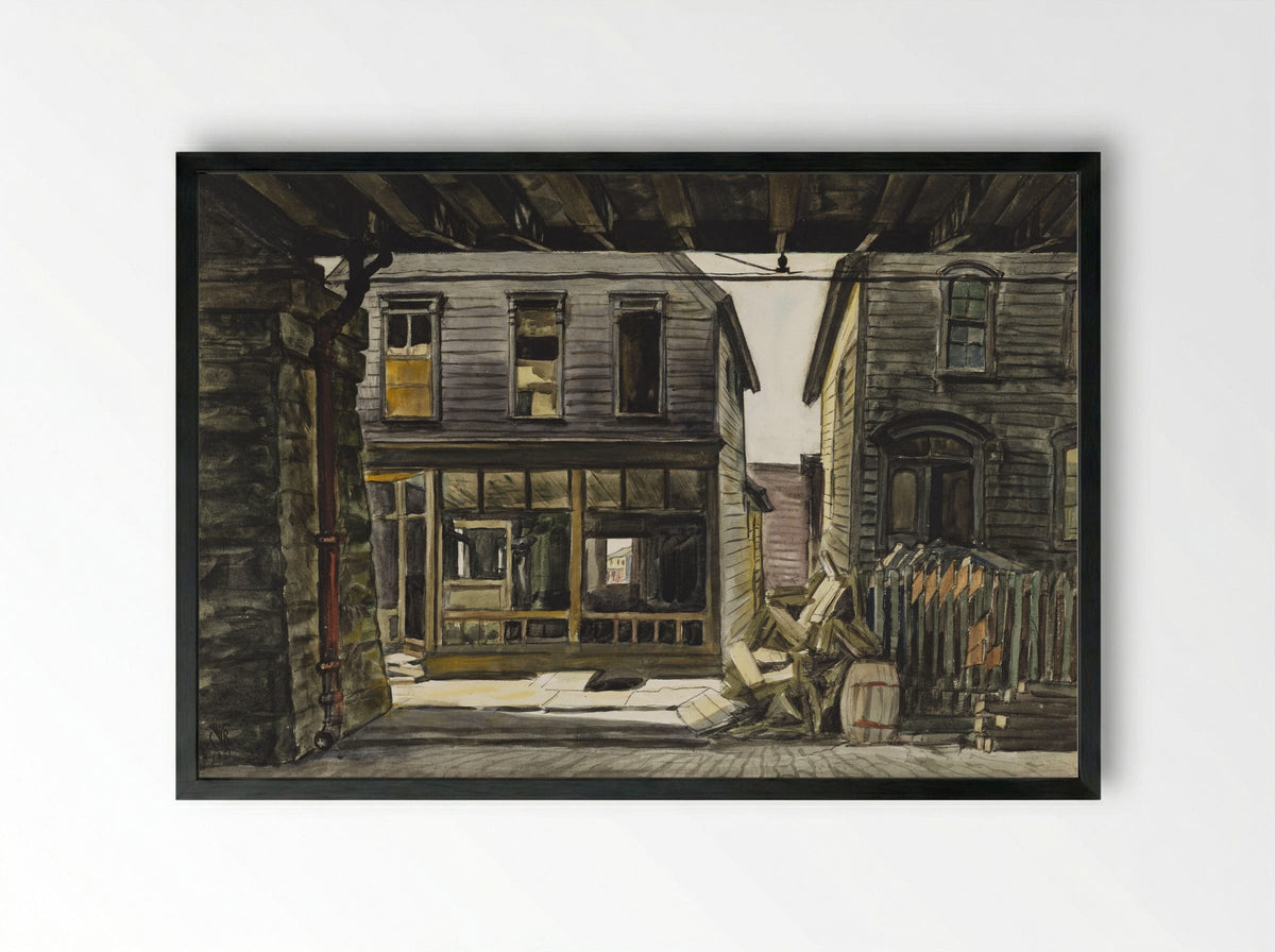 Two Houses under a Viaduct - Charles E. Burchfield - Framed Print Black
