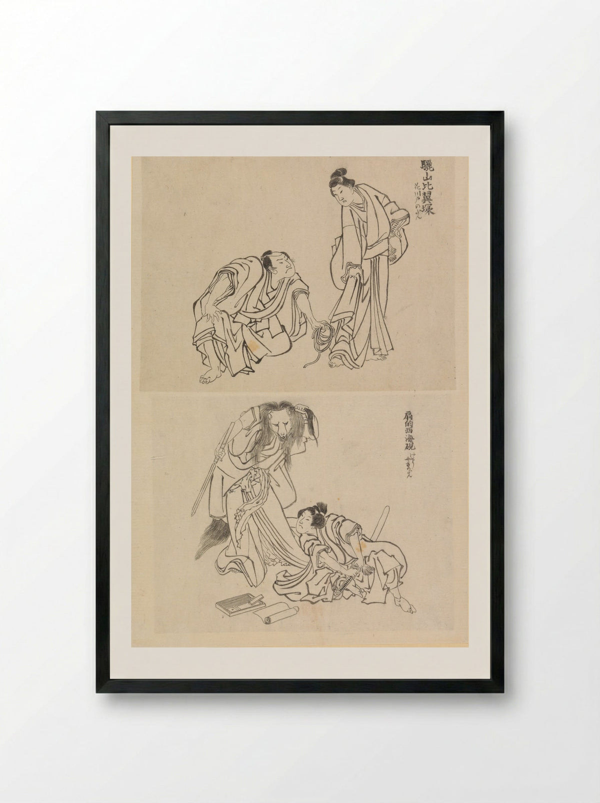 Two Kabuki Scenes: Man and Woman, Man and Fox Woman - Katsushika Hokusai - Framed Print Black