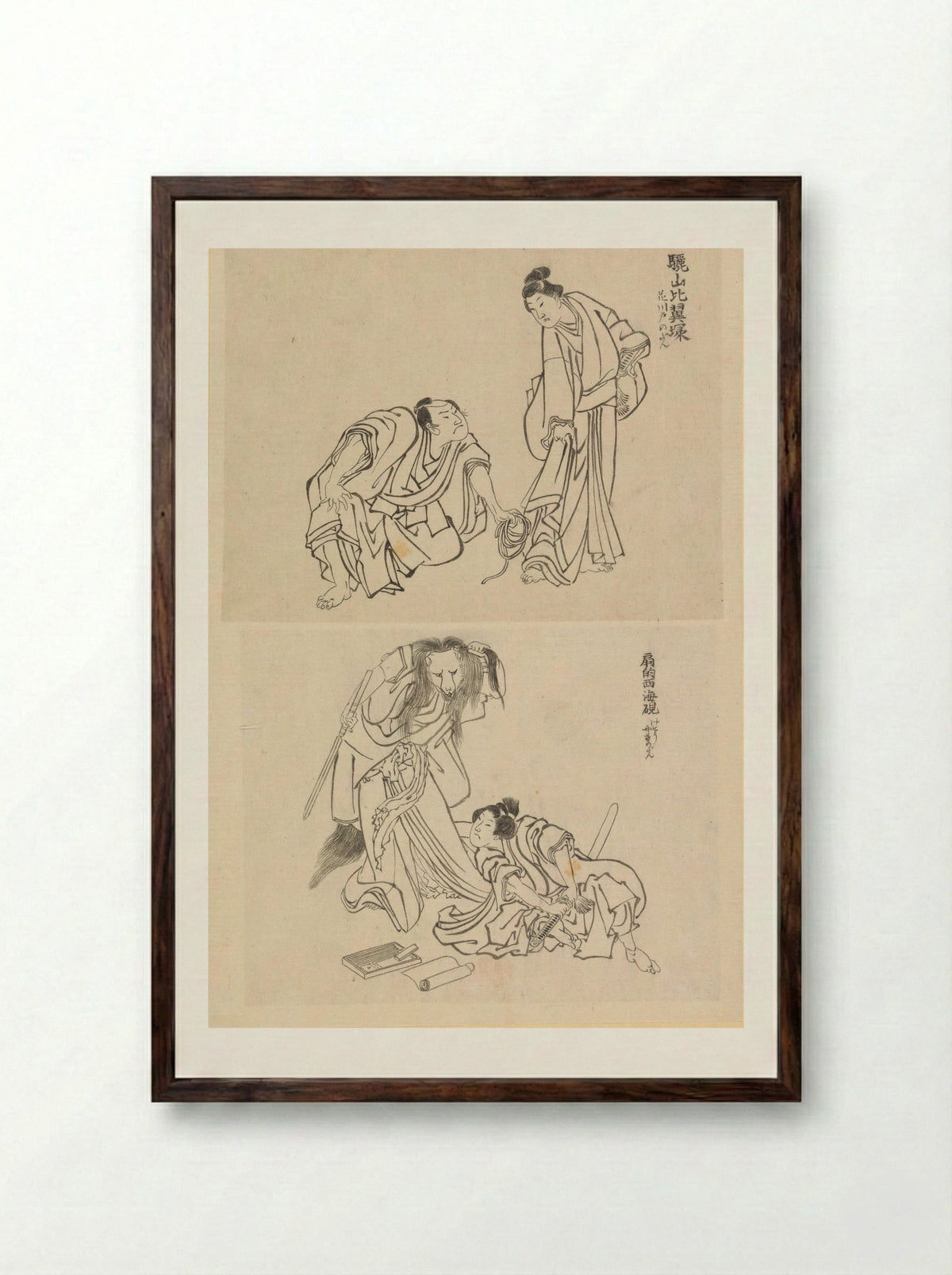 Two Kabuki Scenes: Man and Woman, Man and Fox Woman - Katsushika Hokusai - Framed Print Dark Wood